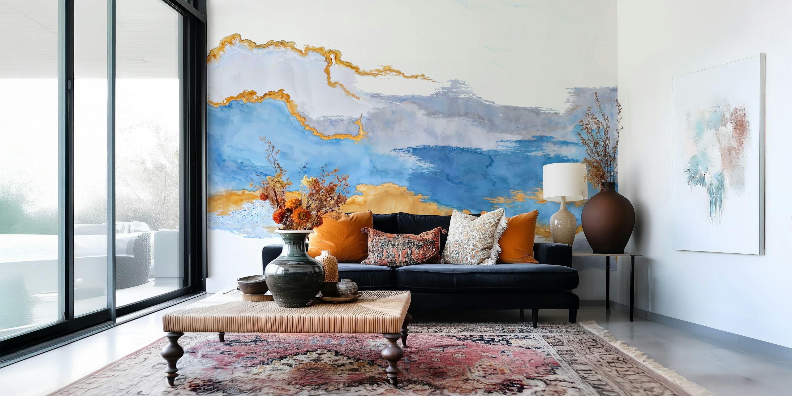 Blue and gold watercolor abstract design wallpaper