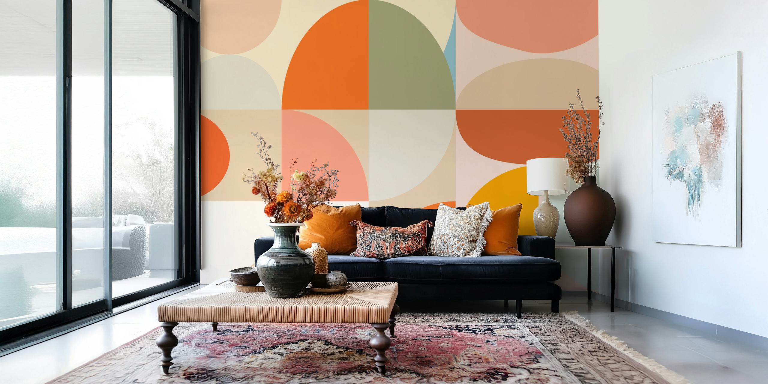 Geometric pastel shapes in orange, pink, and green wallpaper