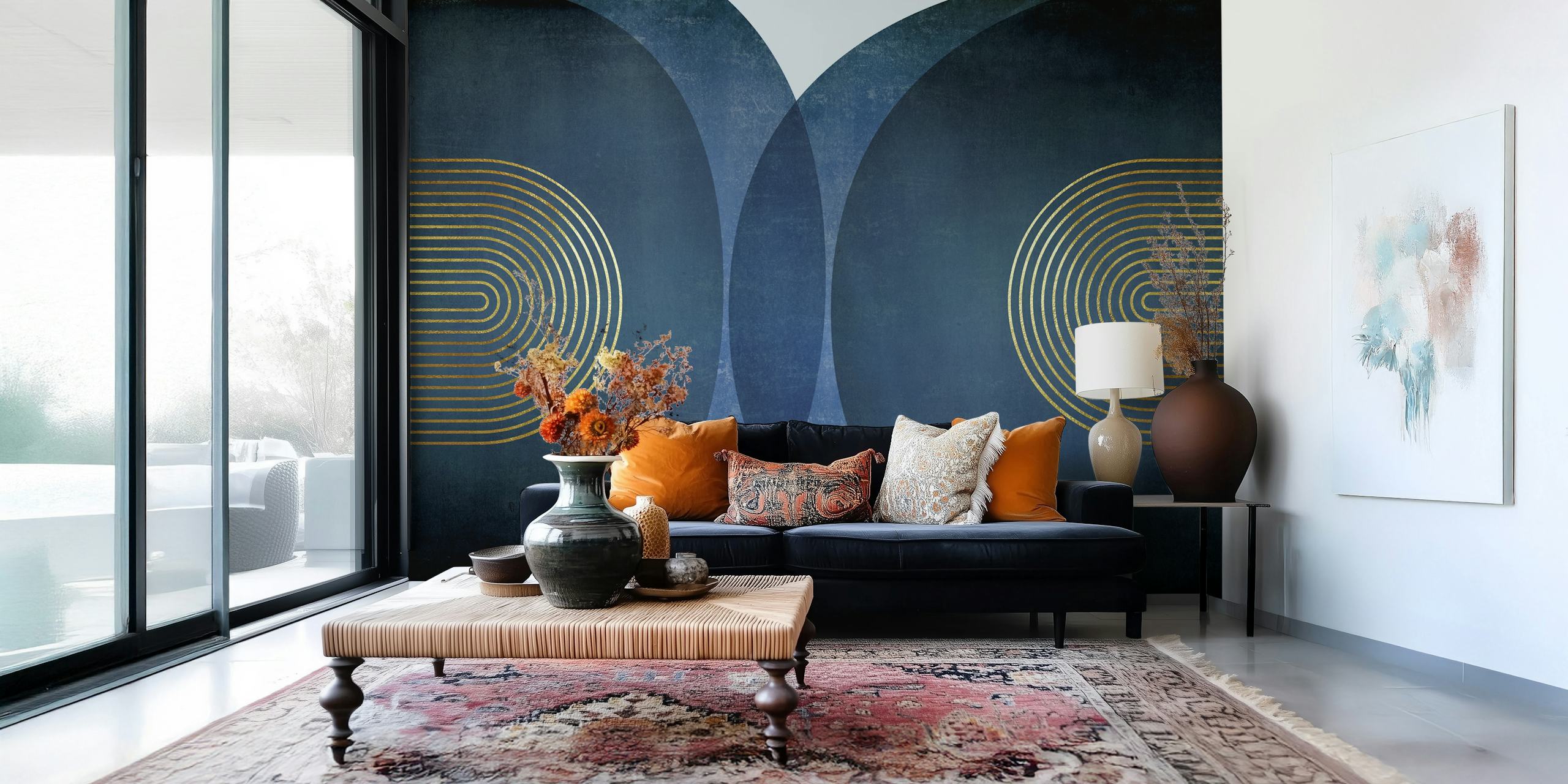 Blue geometric shapes with gold lines wallpaper