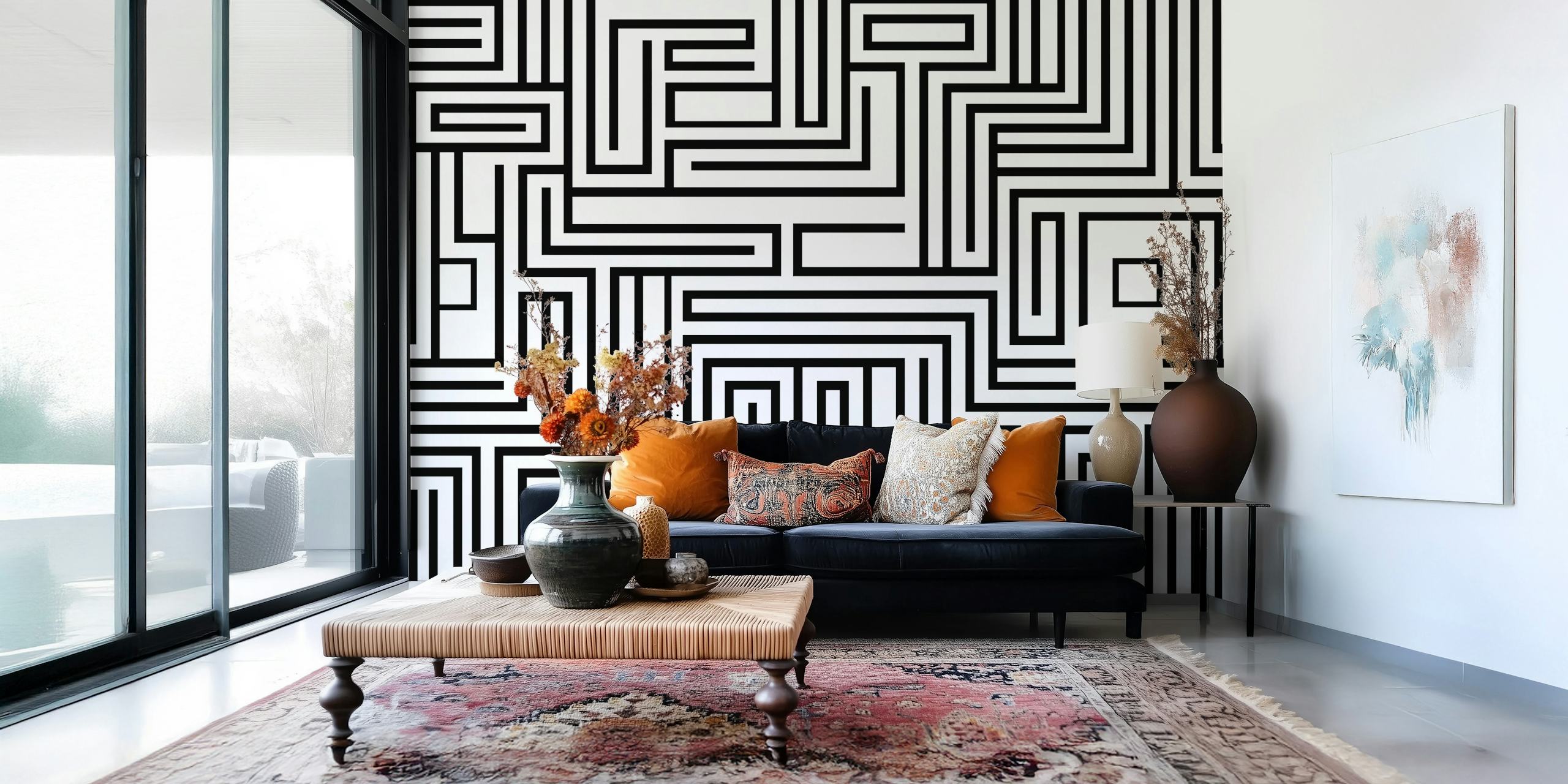 Black and white geometric pattern wallpaper featuring maze-like lines.
