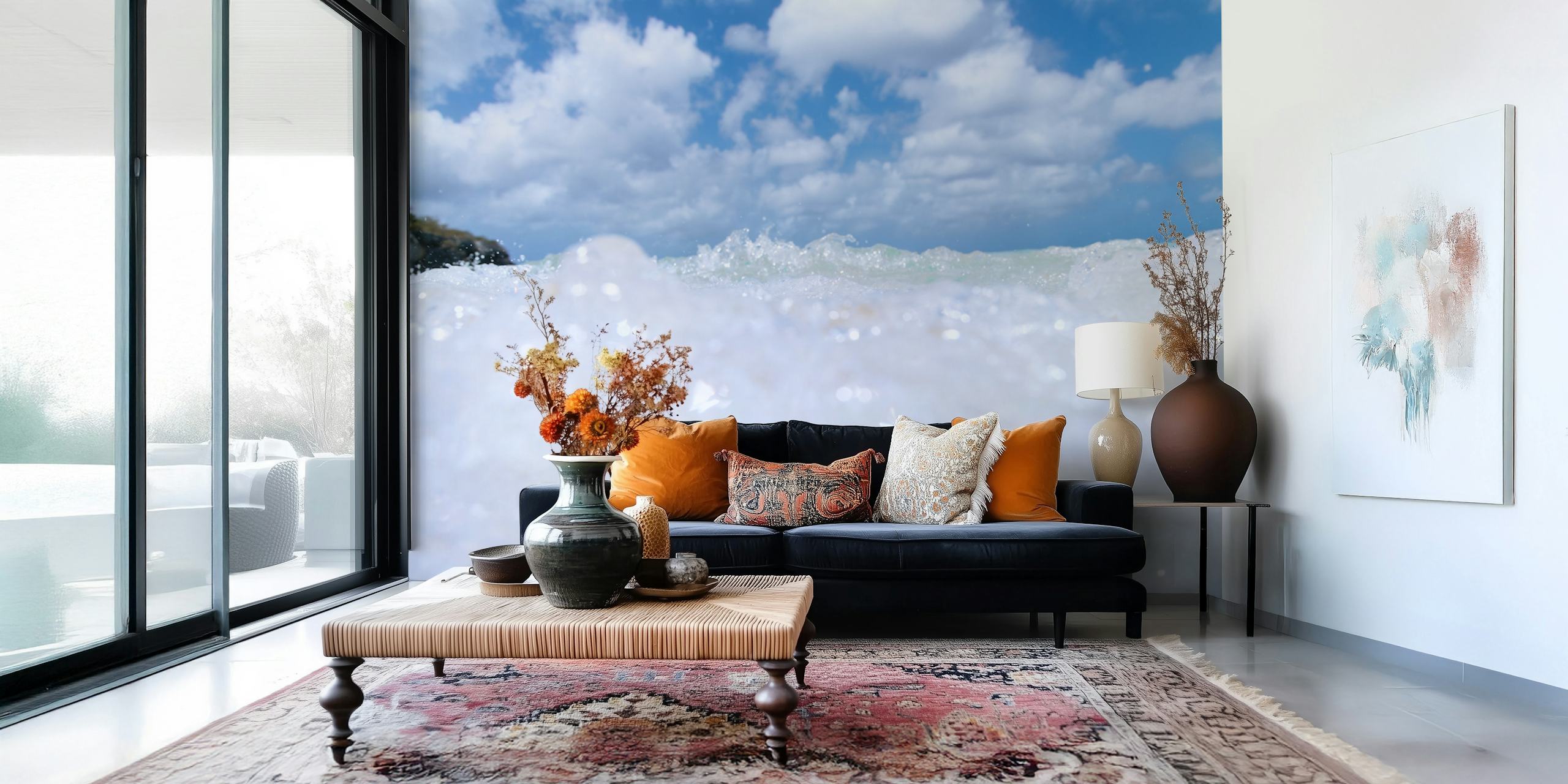 Caribbean sea waves with white foam and blue sky wallpaper