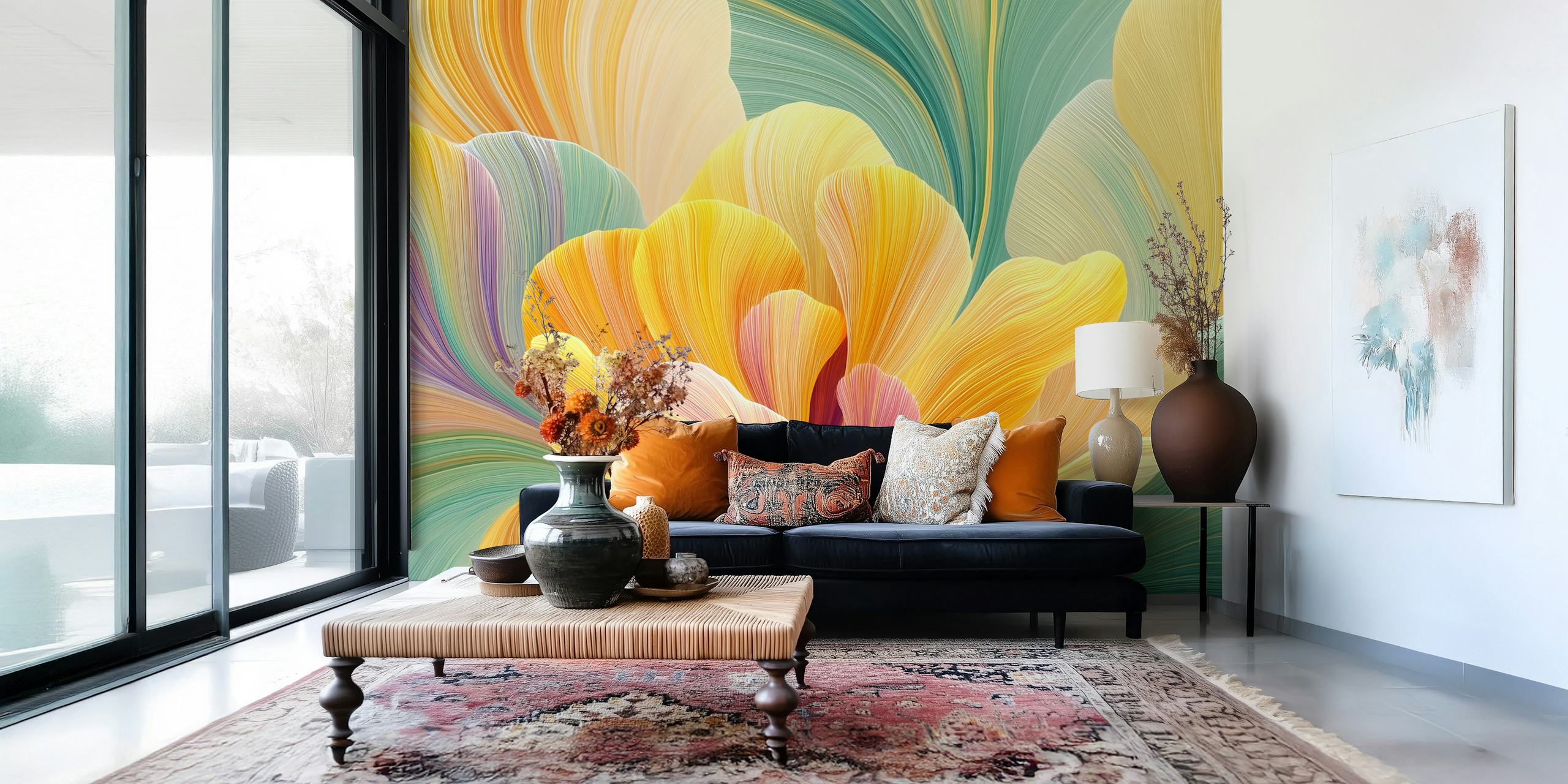 Floral pattern in soft yellow and teal colors, botanical wallpaper