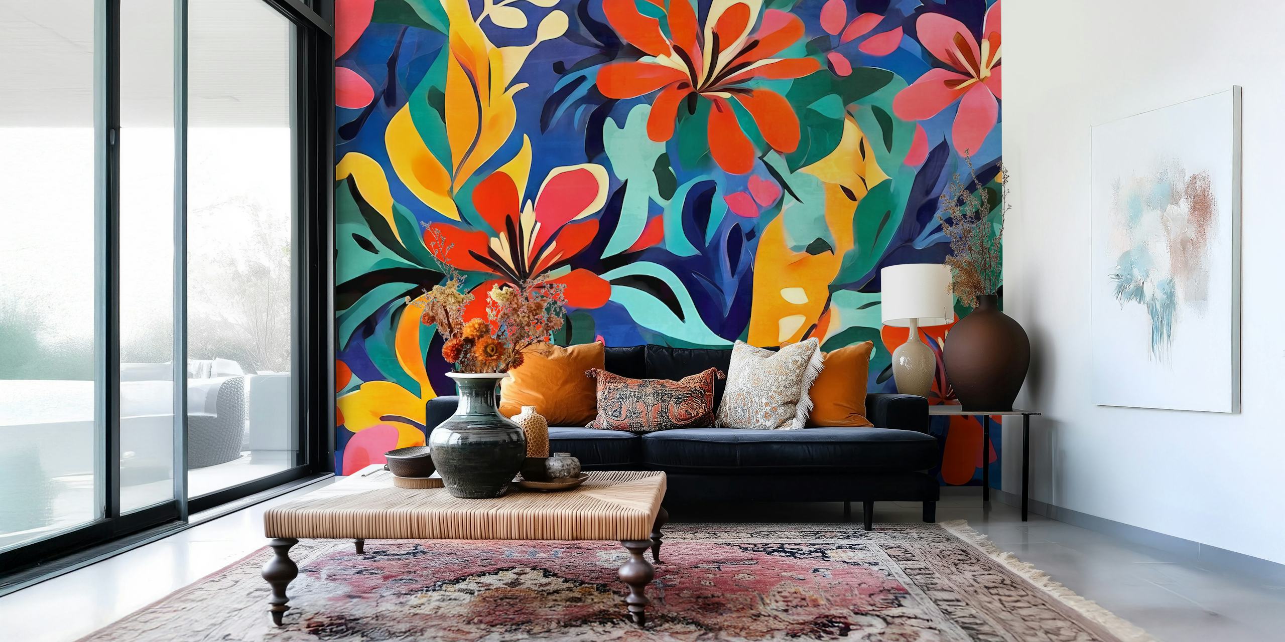 Vibrant tropical foliage wallpaper in a room