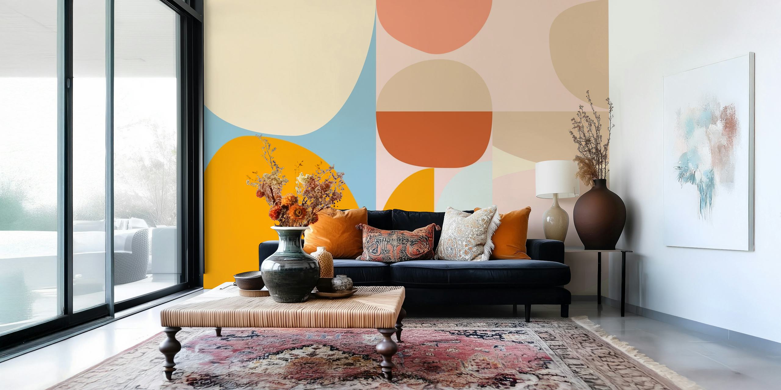 Abstract shapes in pastel colors including orange, pink, and beige wallpaper