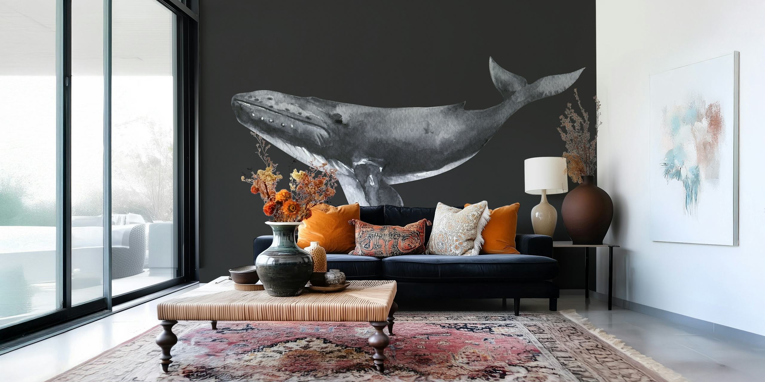 Black-gray whale silhouette on dark background wallpaper