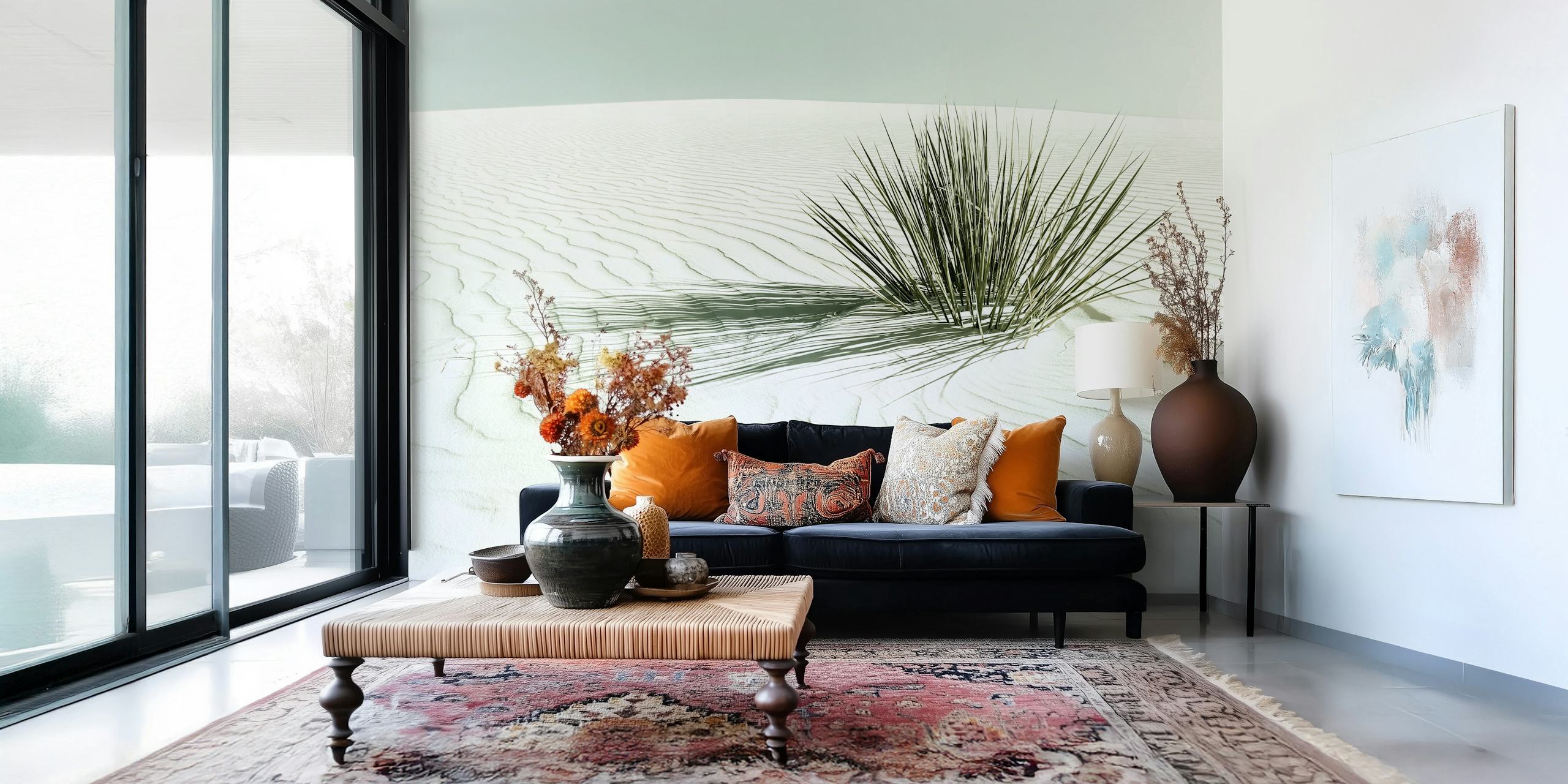 Vintage Dunes wall mural featuring a single grass cluster on textured sand