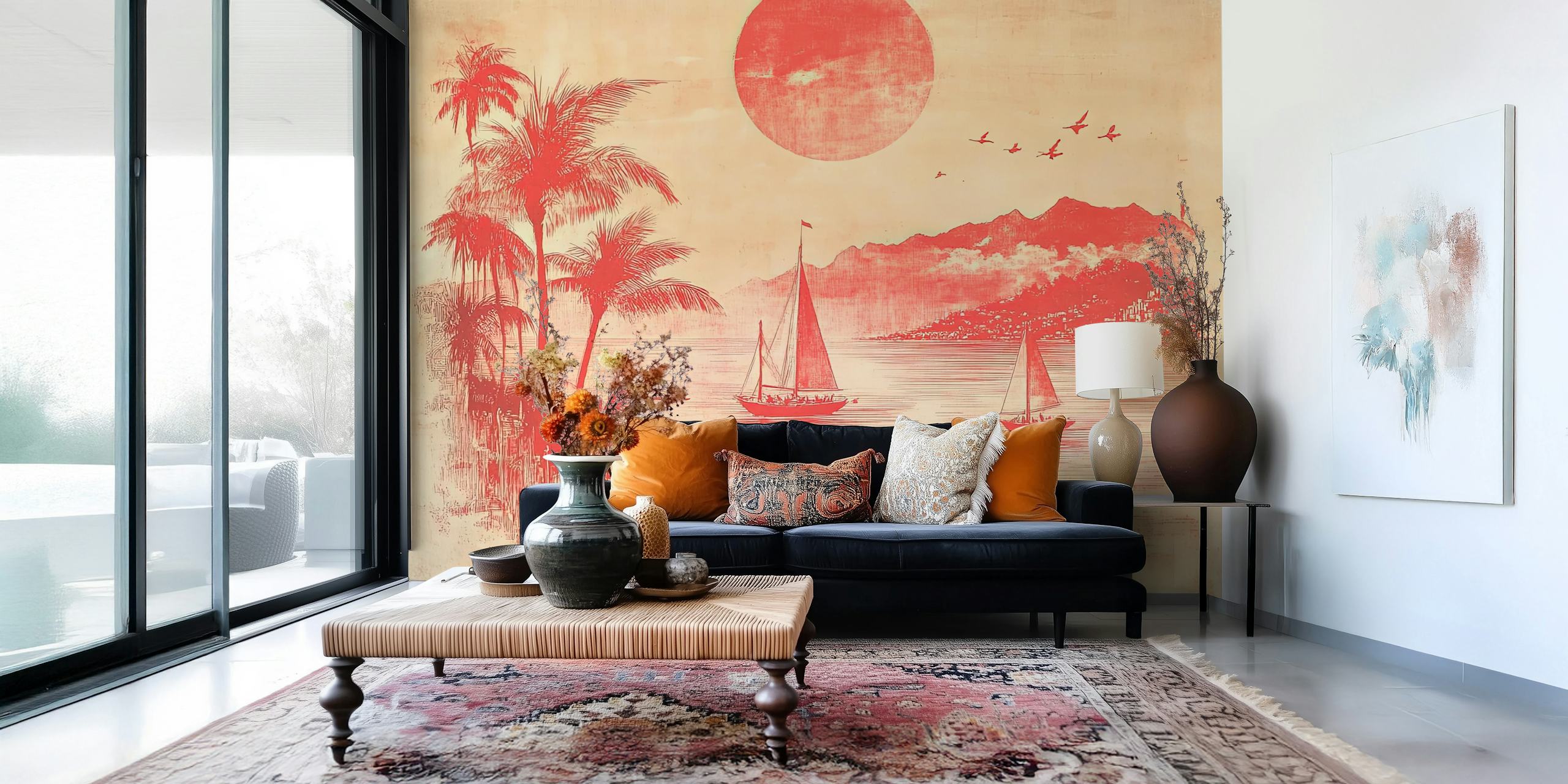 Engraved wallpaper featuring red palm trees and boats against a sunset