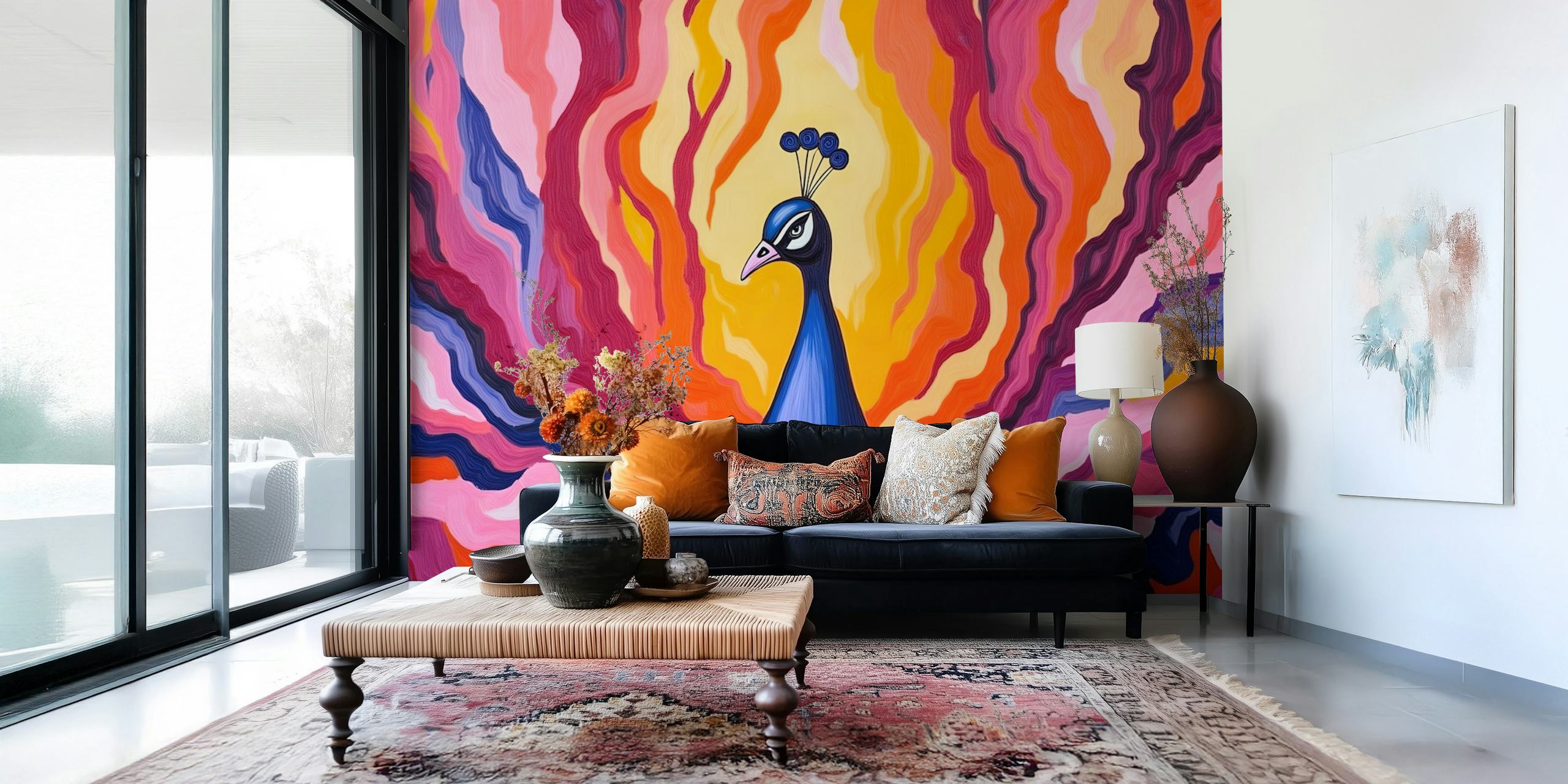 Colorful peacock with a blue body and bright background stripes wallpaper