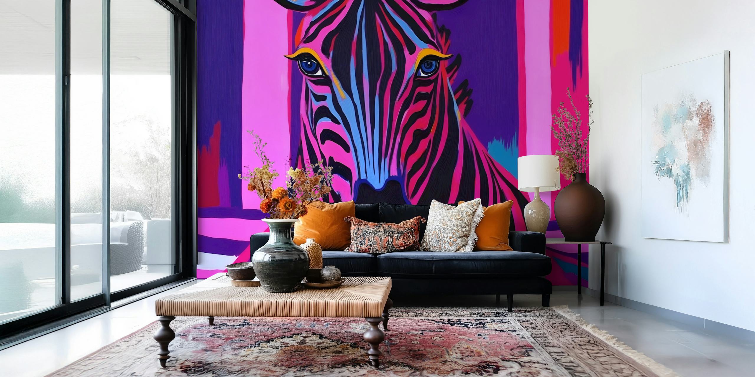 Vibrant zebra in pink and blue stripes artwork wallpaper