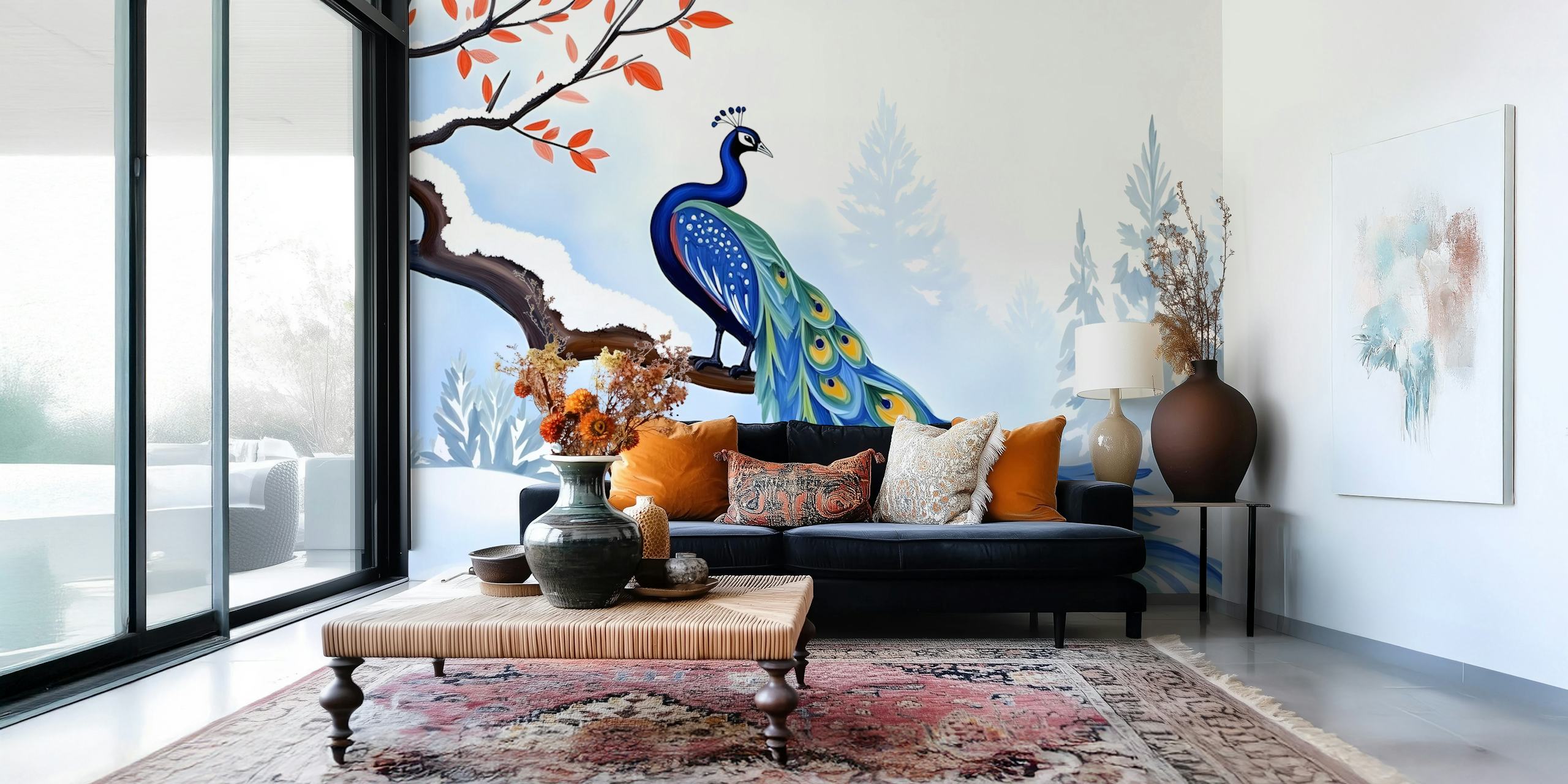Winter Peacock wallpaper w przytulnym pokoju