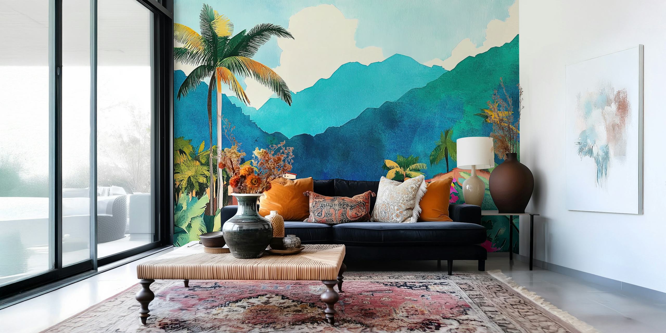 Tropical village scene with colorful buildings and mountains wallpaper