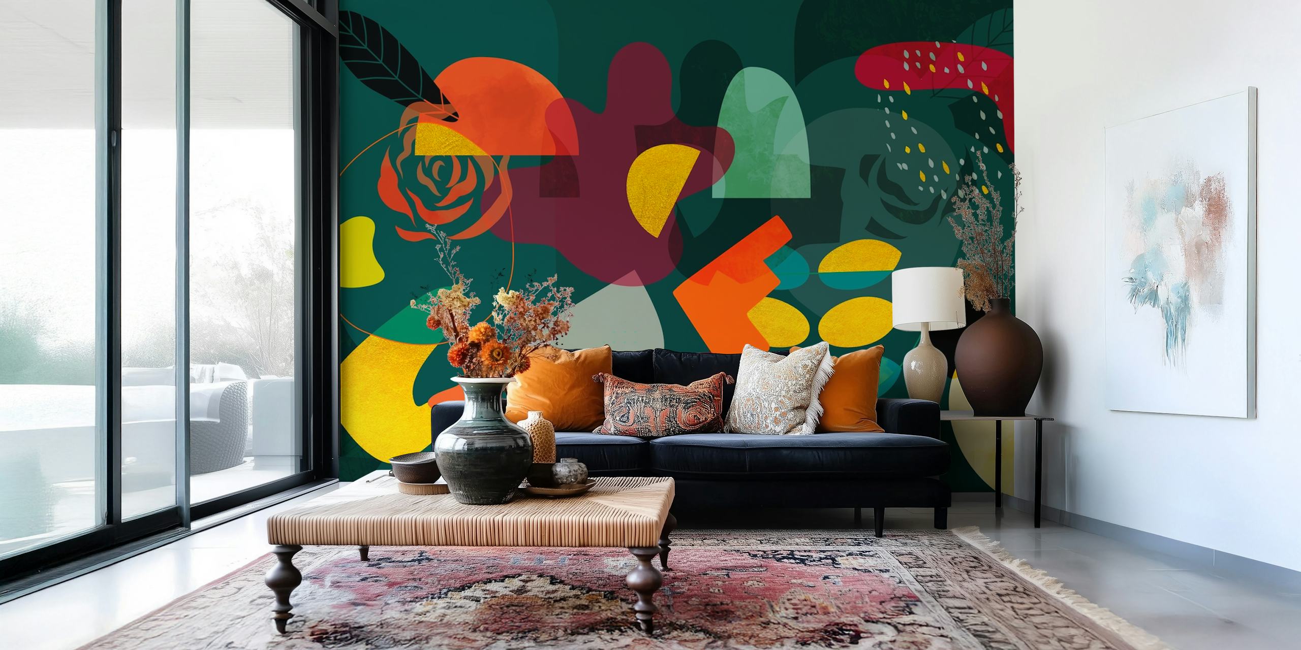 Abstract mid-century garden party wall mural with a blend of organic shapes and muted colors