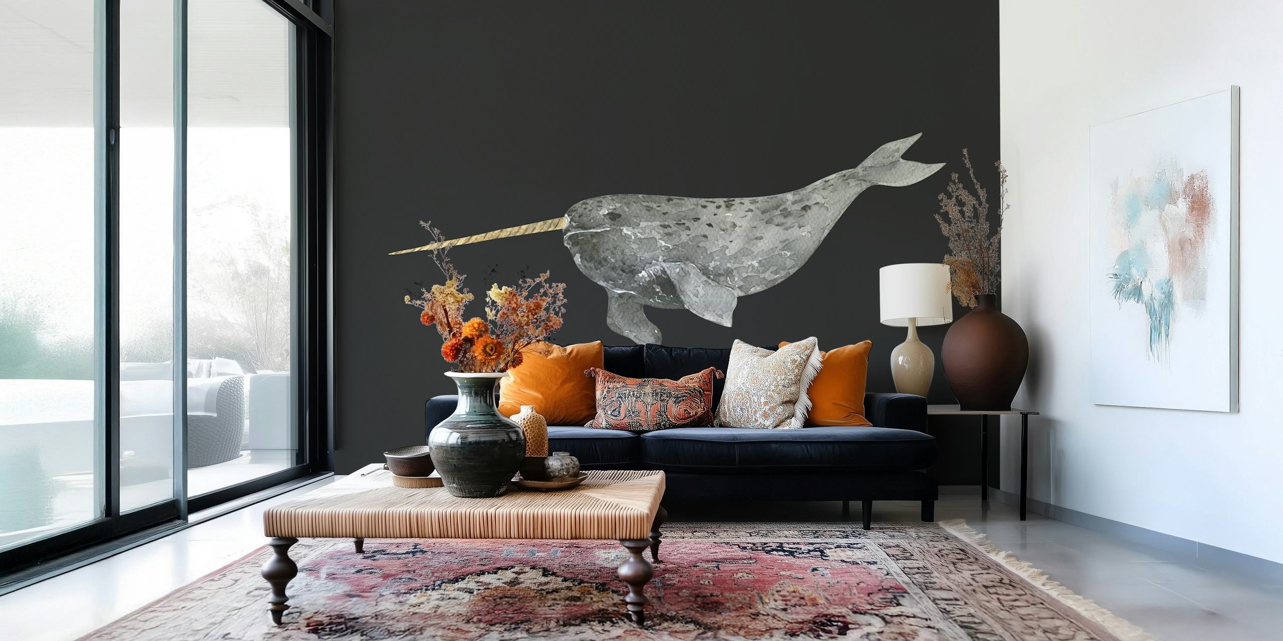 Narwhal nadando en aguas profundas papel tapiz