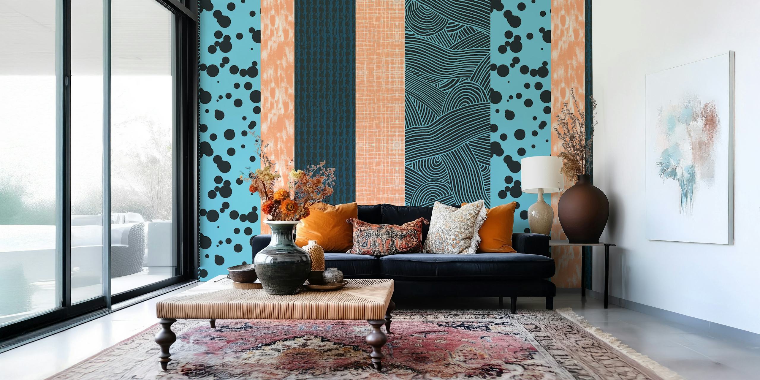 Colorful geometric stripes in blue, black, and peach wallpaper