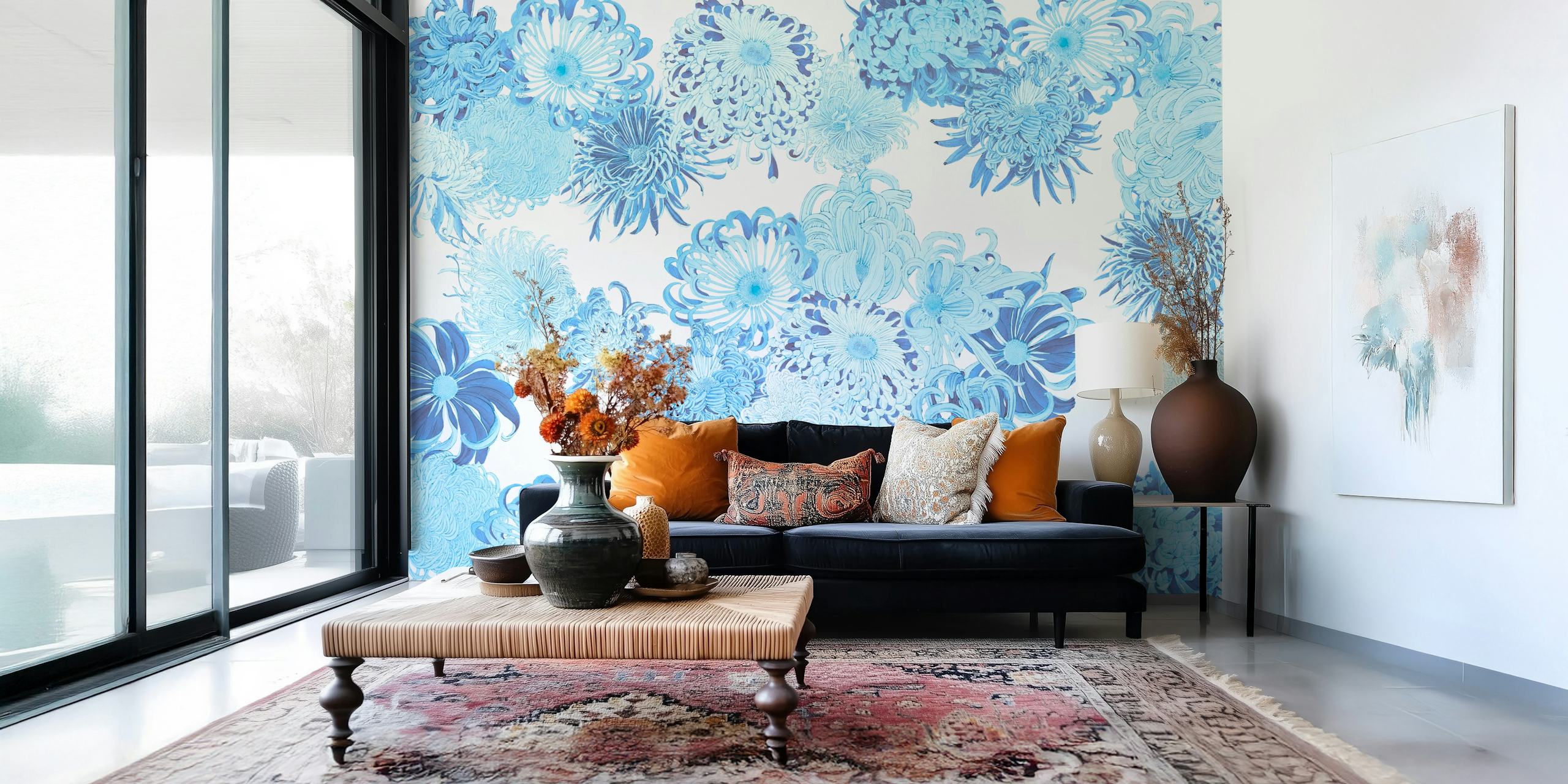 Azure Floral Symphony floral wallpaper in a room