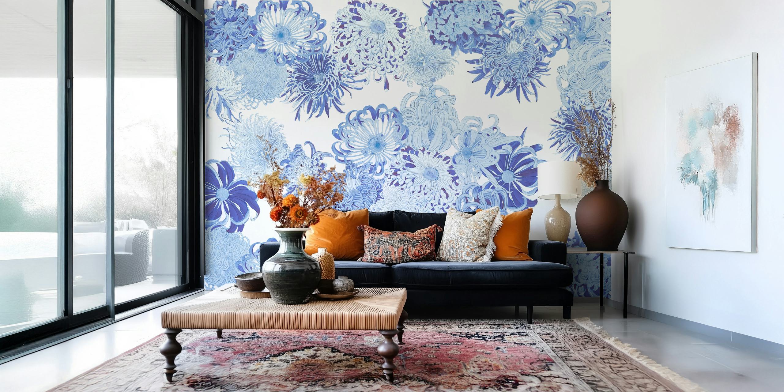 Ταπετσαρία Elegant Blue Blossoms σε ένα δωμάτιο