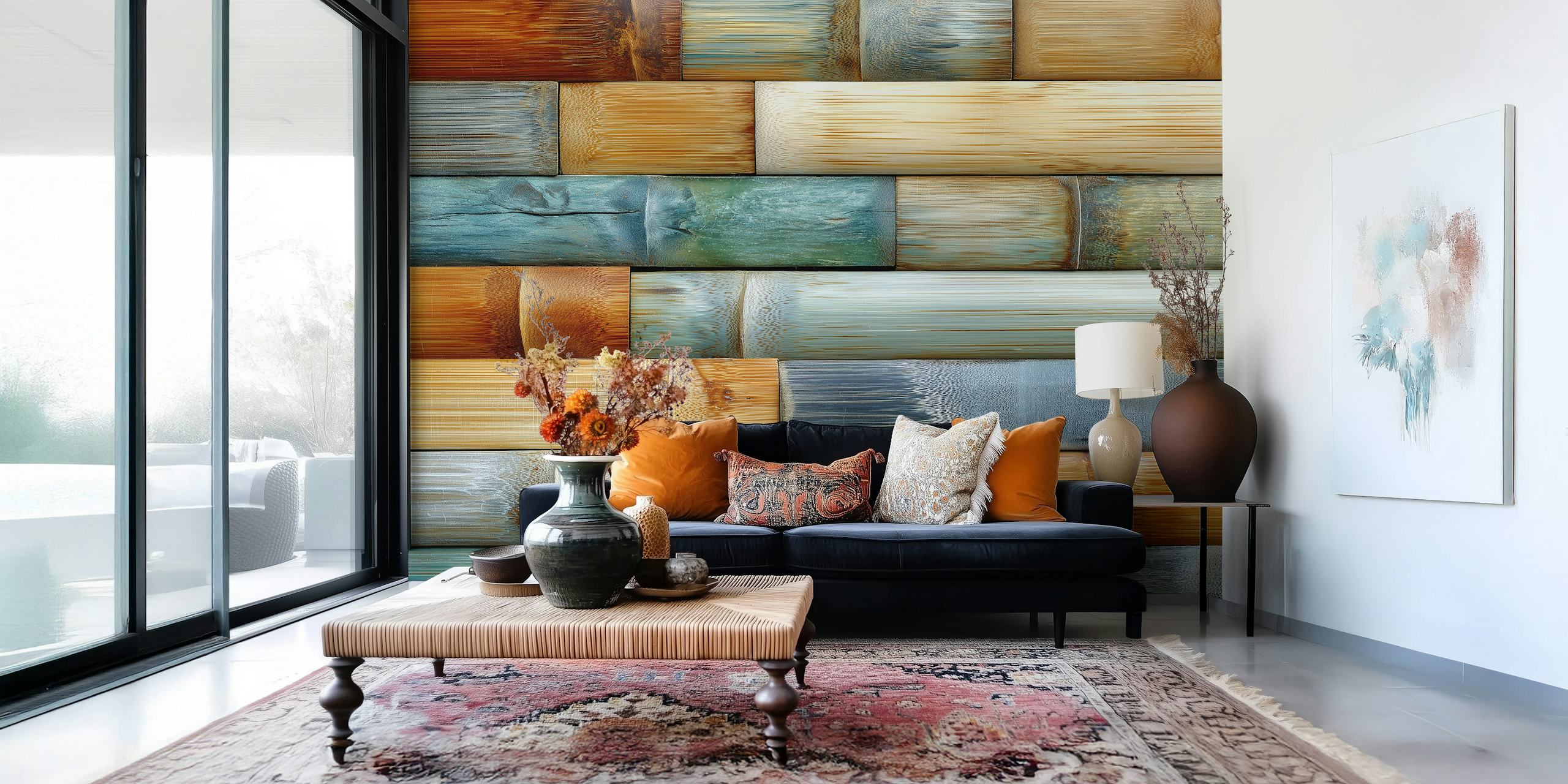 Bamboo textured wallpaper with warm colors like orange, brown, and green, showcasing a contemporary style.