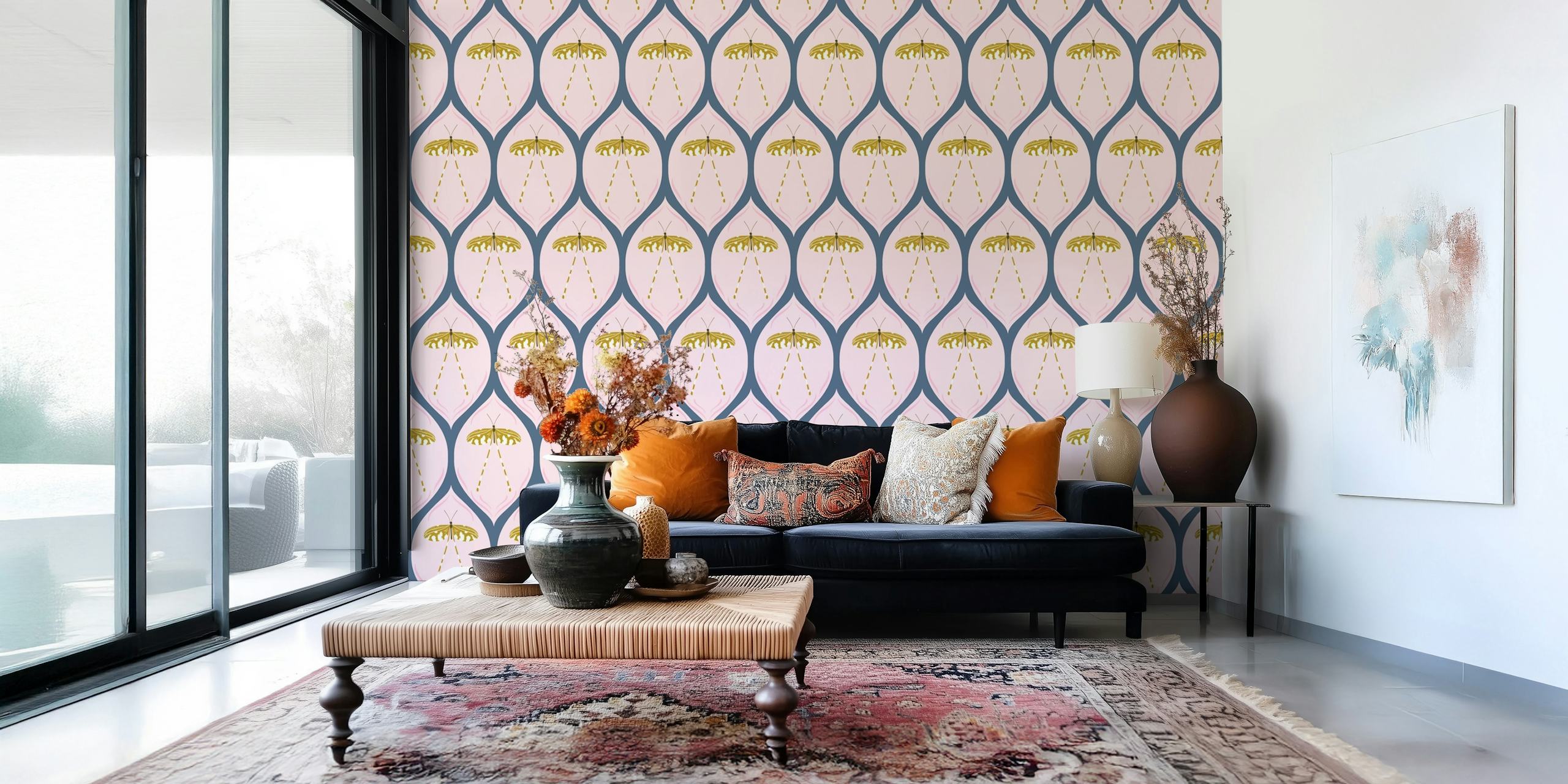 Pink floral design with gold insect motifs wallpaper