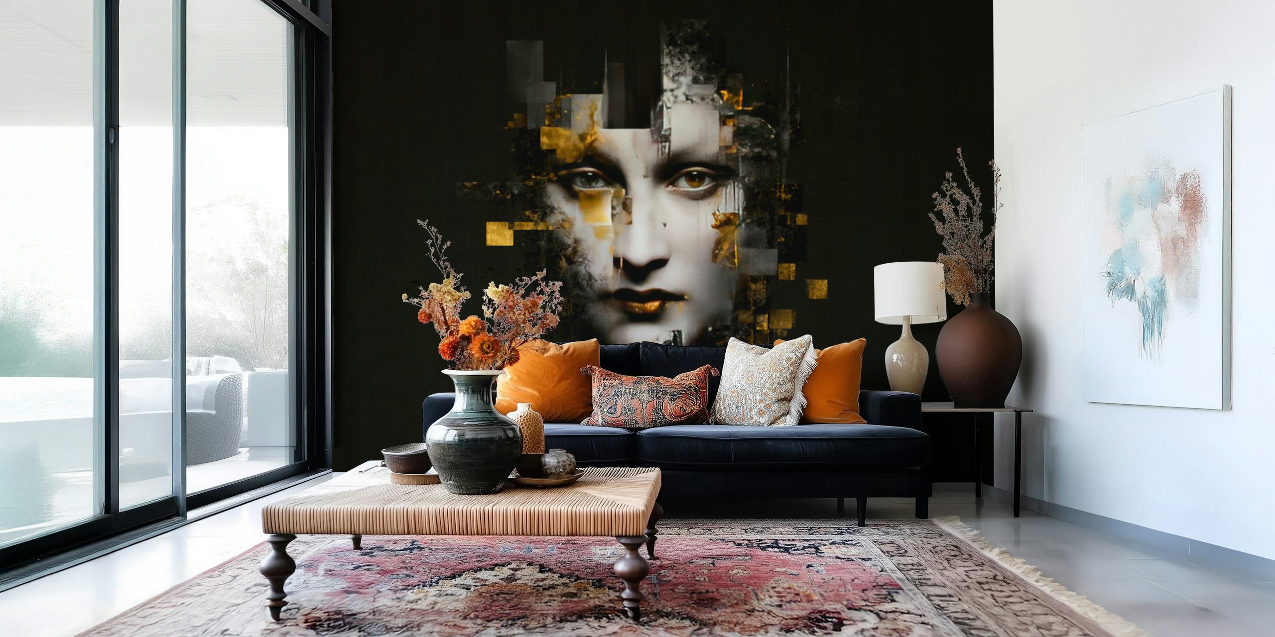 Mona Lisa surreal mosaic face papel pintado en una habitación