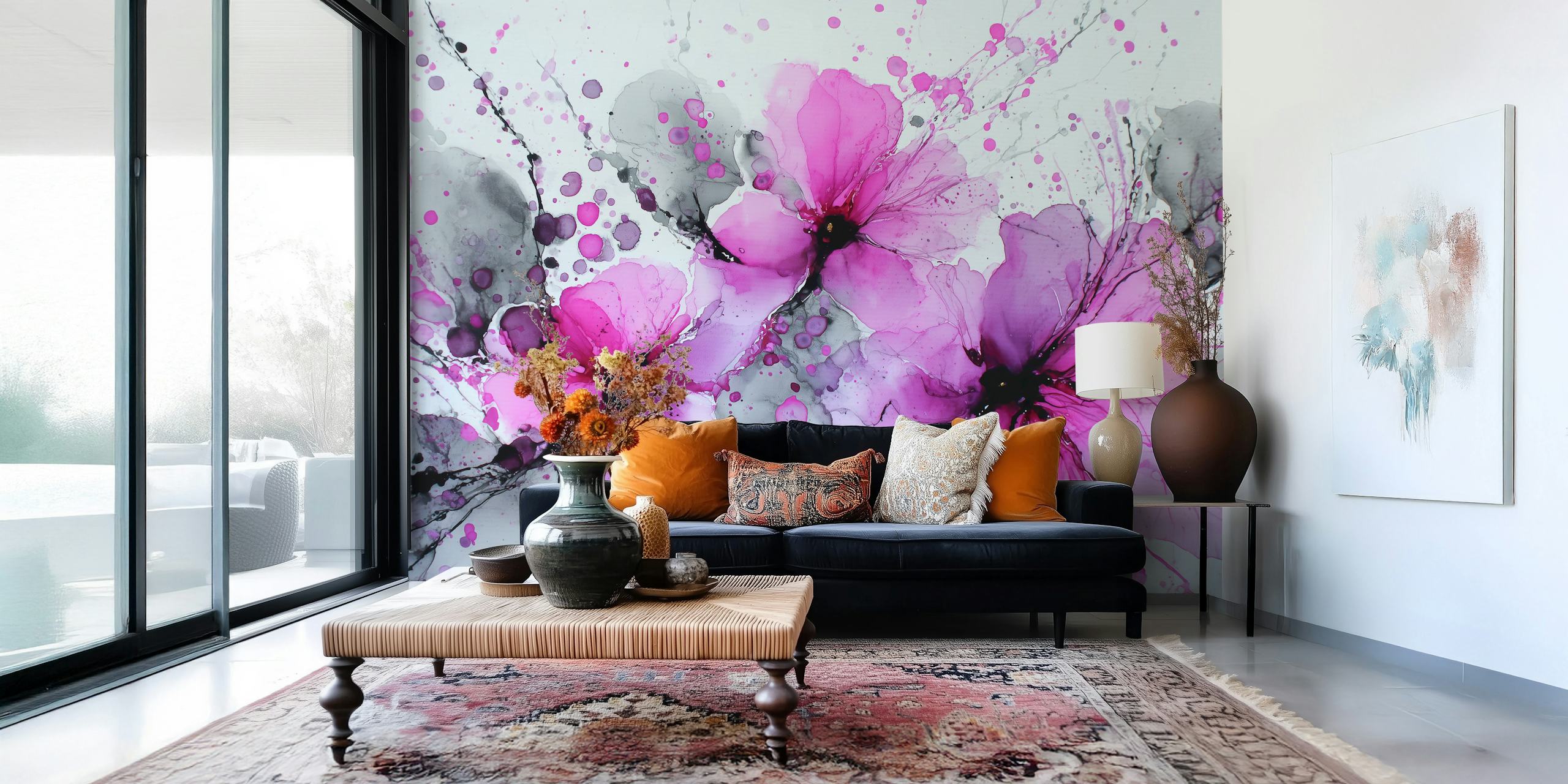 Pink floral ink splatter design featuring gray and black accents wallpaper