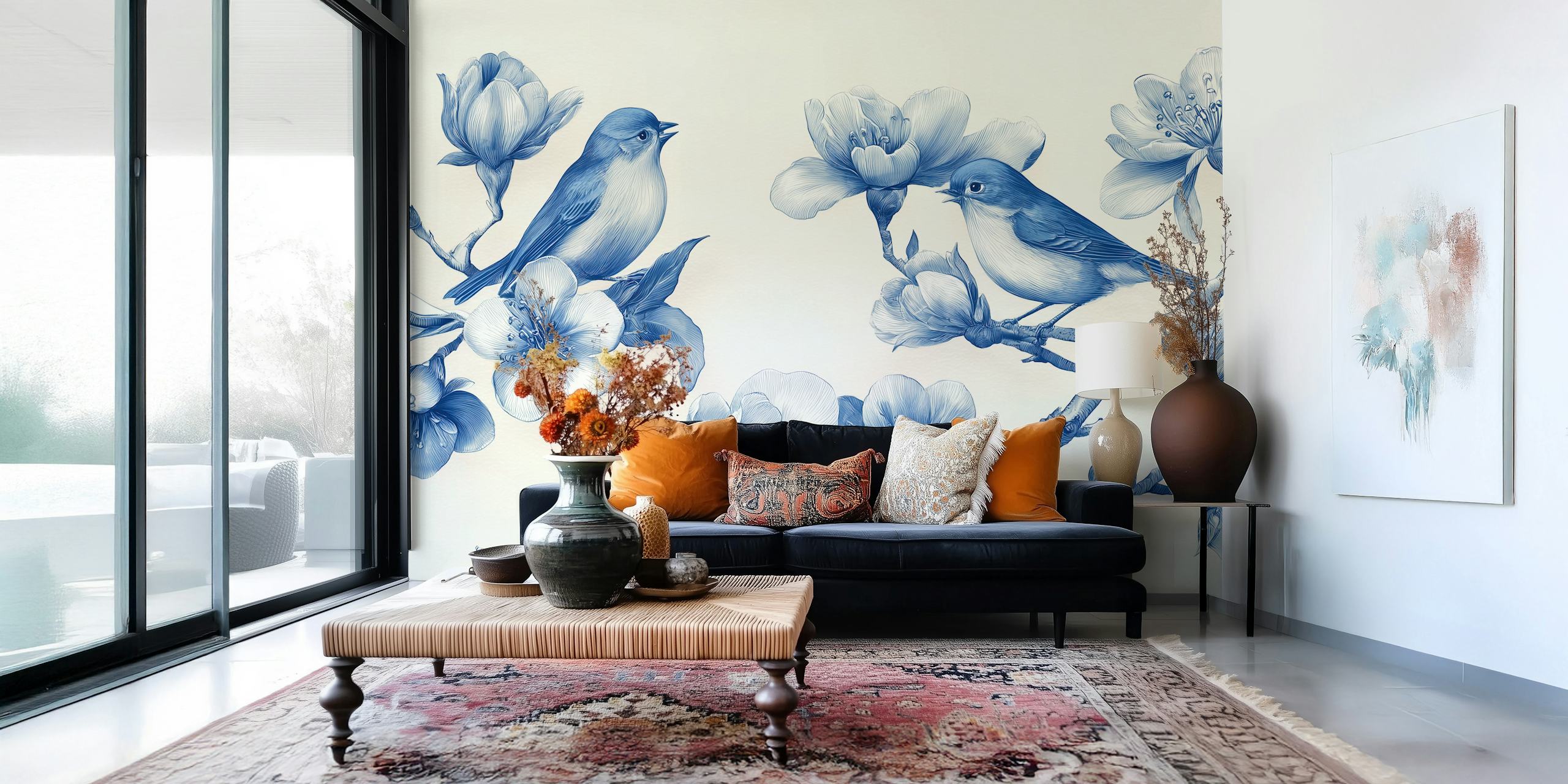 Blossoming Bluebird wallpaper design in a room