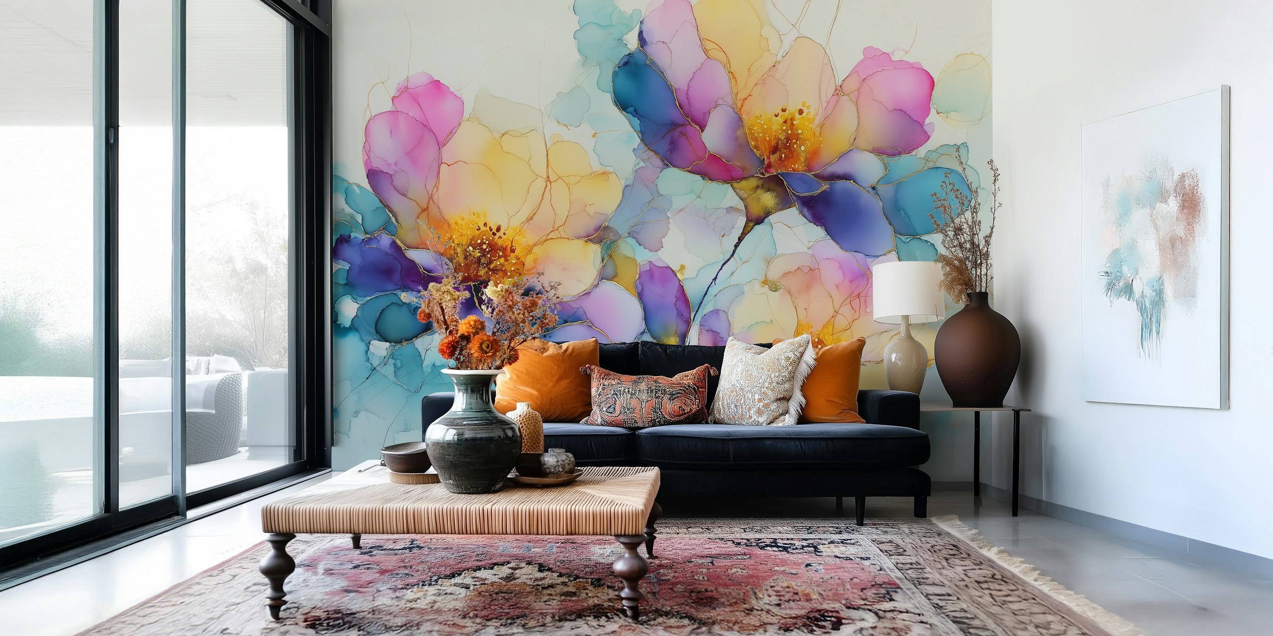 Colorful ink floral design featuring pink, purple, and yellow flowers wallpaper