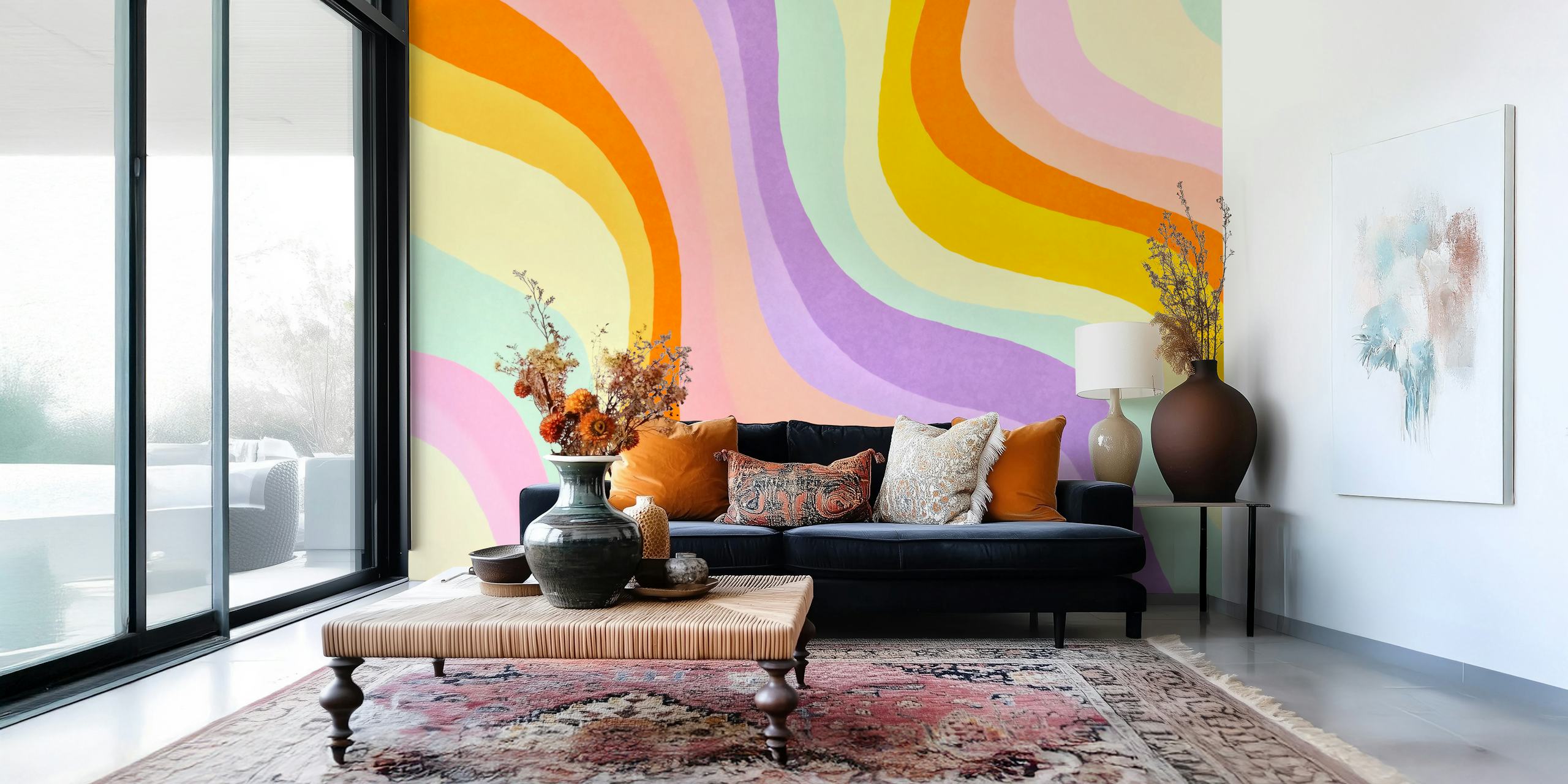 Pastel waves in orange, purple, and pink colors on wallpaper