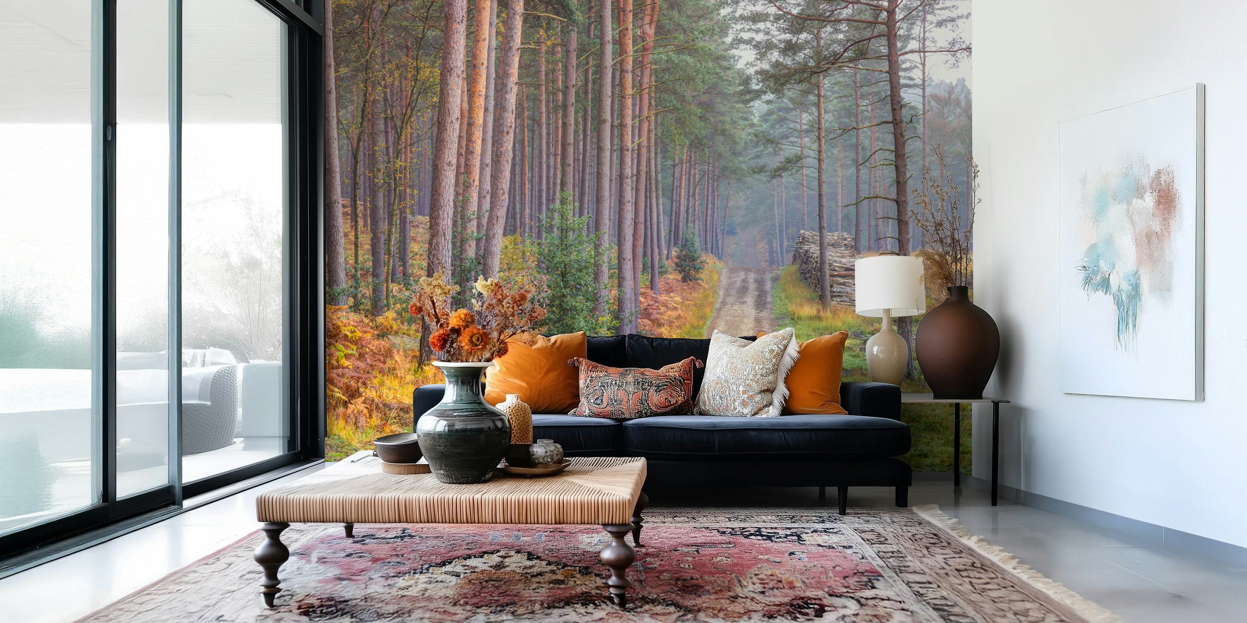Papel de parede Serene Road Through Autumn Splendor em um quarto