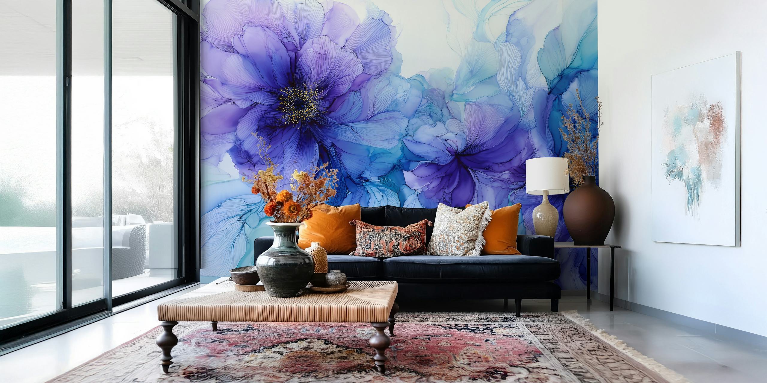 Purple floral wallpaper featuring large violet blooms with delicate green leaves in an artistic style.
