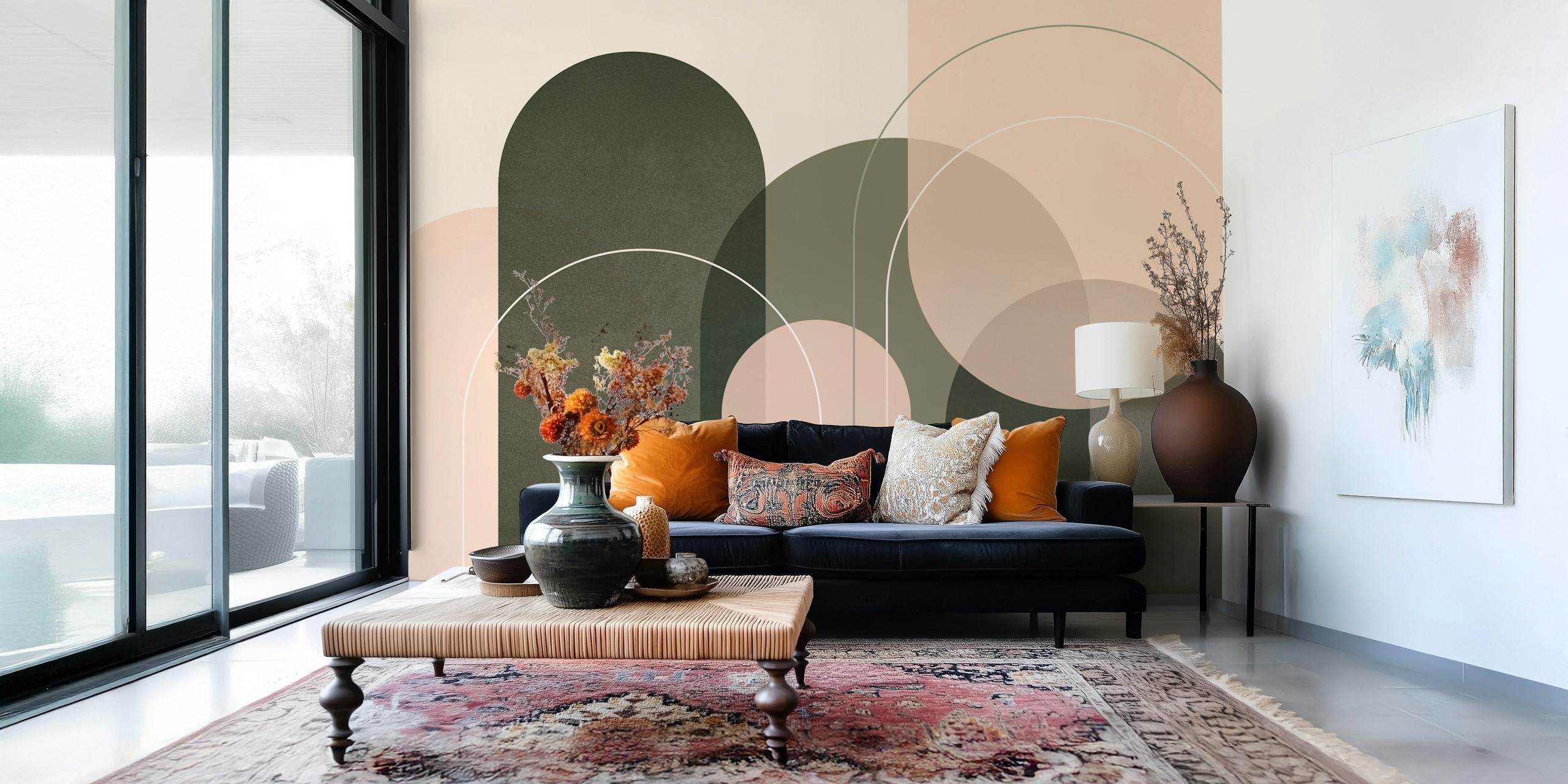 Olive Green Peach Harmony Tapete in einem Raum