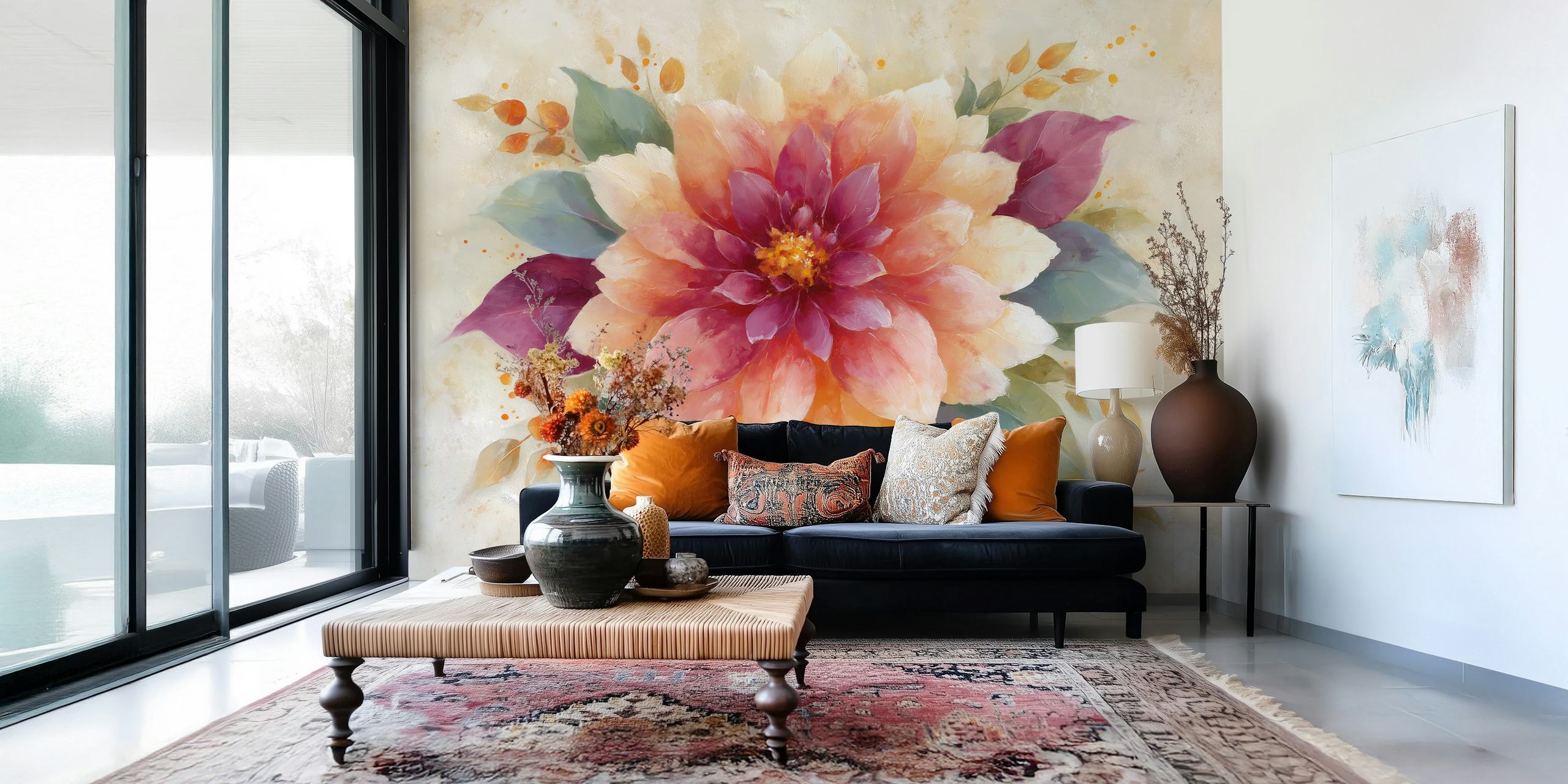 Large blooming flower with shades of pink, peach, green and cream wallpaper