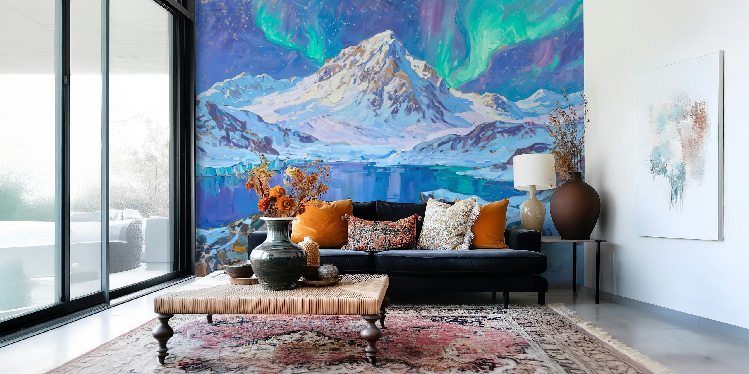Aurora over snowy mountain peaks and still lake wallpaper