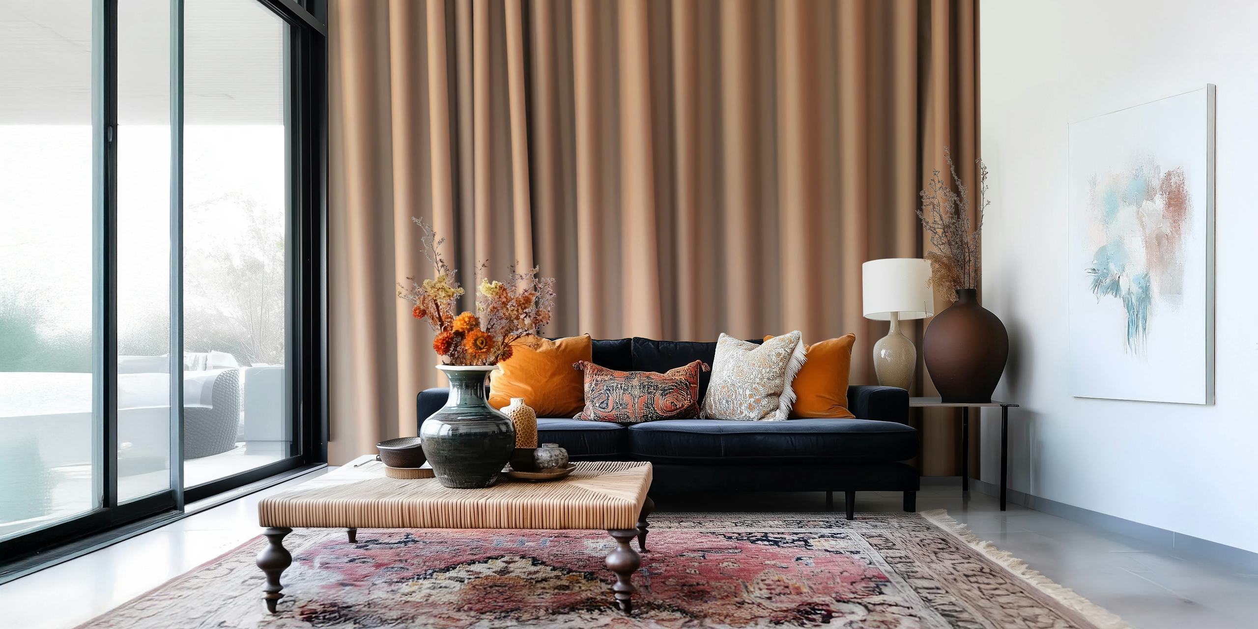 Warm toned curtain wallpaper in a room