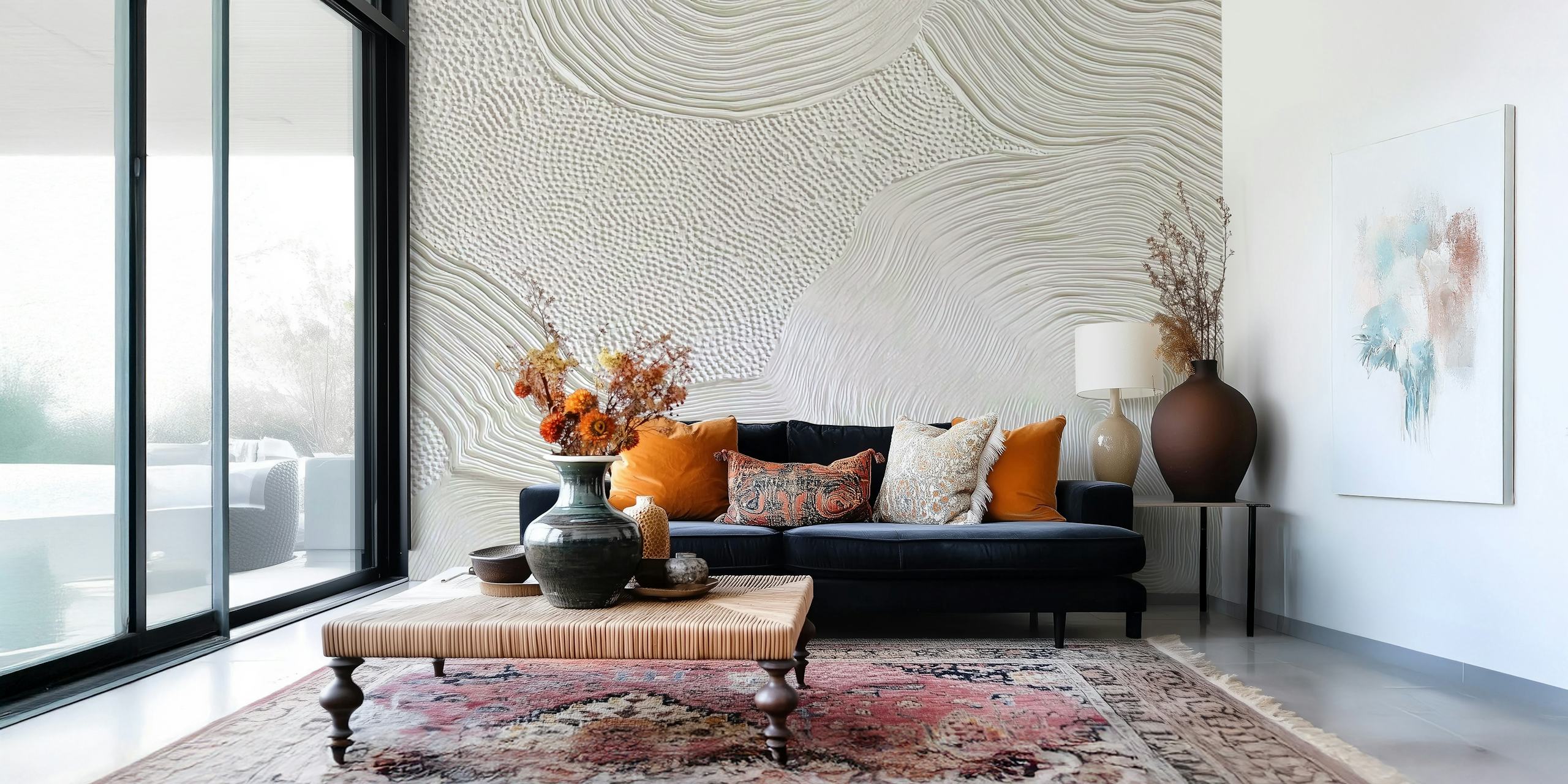 Textured white wallpaper with various patterns and waves