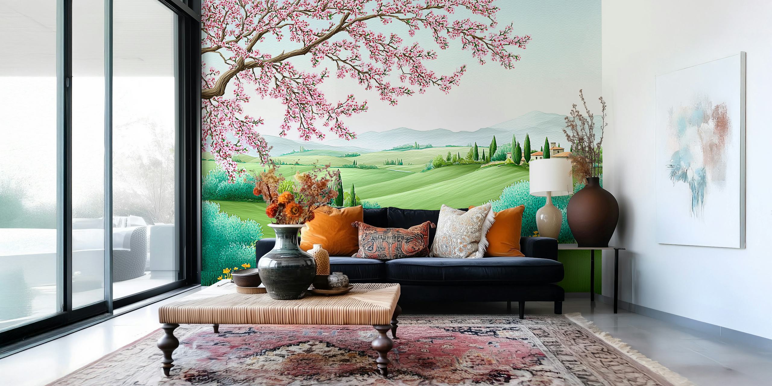 Springtime landscape with pink blossoms and green hills wallpaper