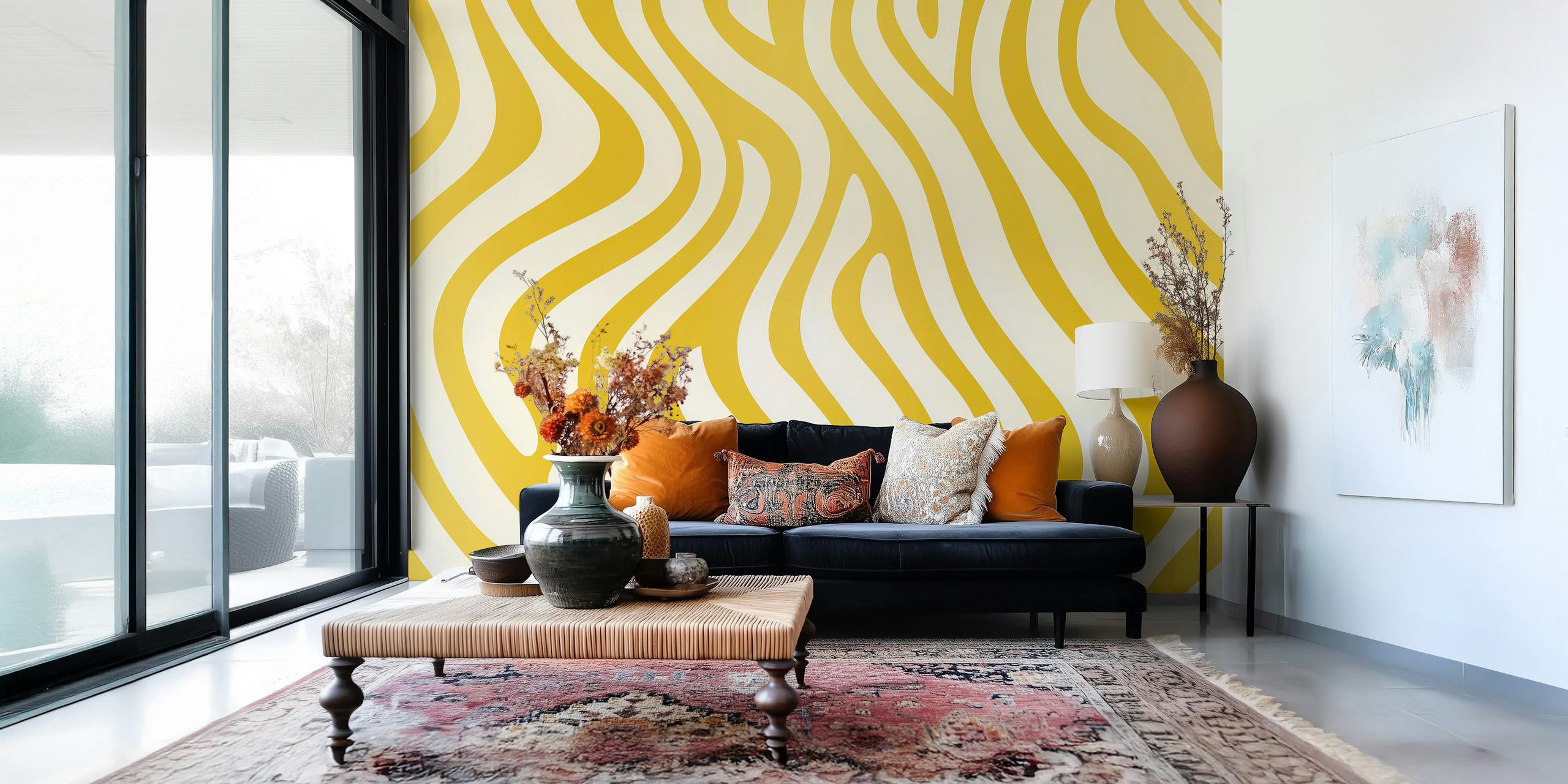 Yellow Wave Lines behang in een kamer