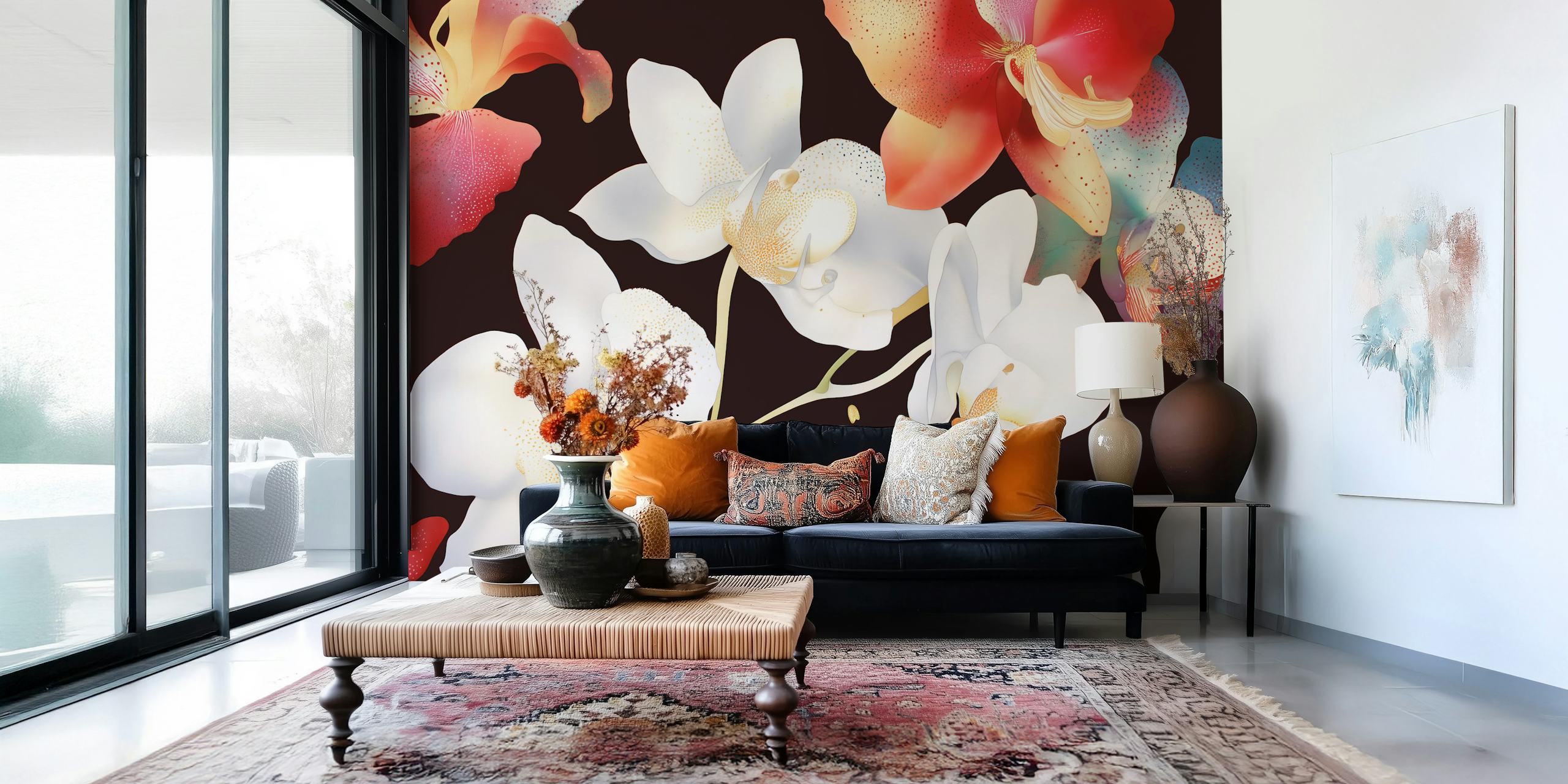 Orchid Dreamscape Art papel de parede em configuração de quarto