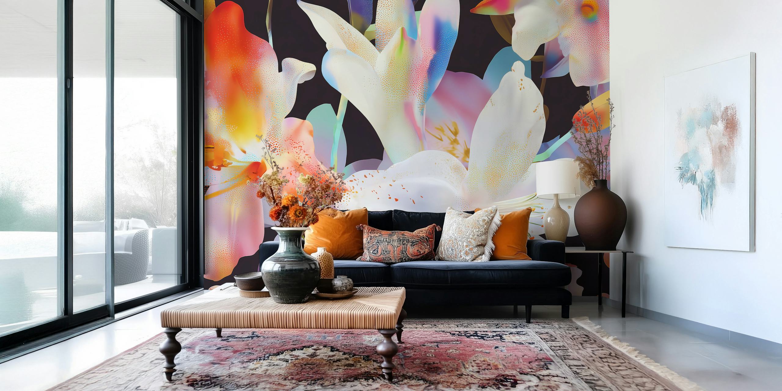 Colorful abstract floral pattern wallpaper featuring pink, yellow, white, and blue tones