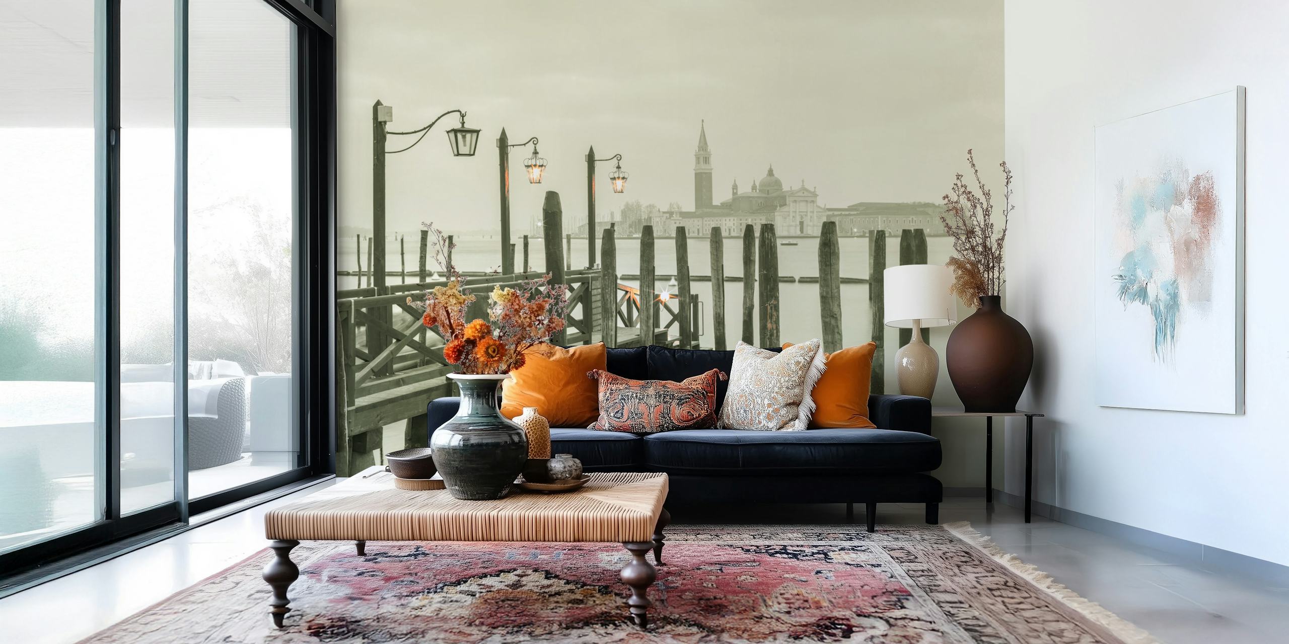 Waterside reflection with pilings and buildings in black and white wallpaper