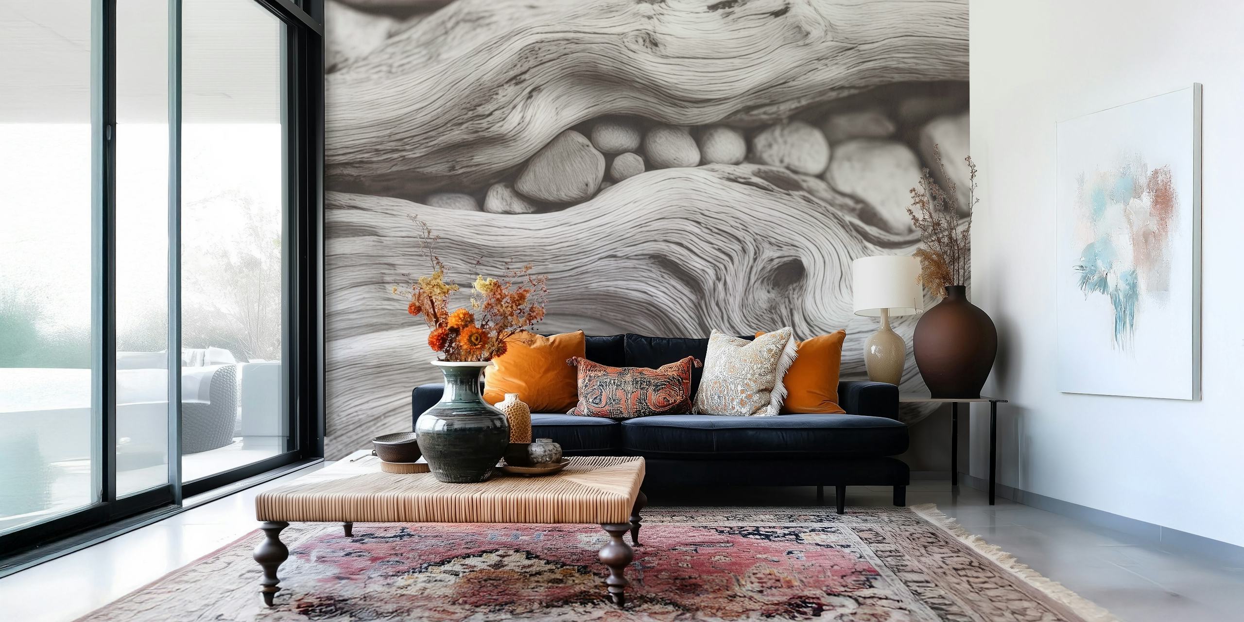 Pebble Driftwood Coastal Calm wallpaper in a room