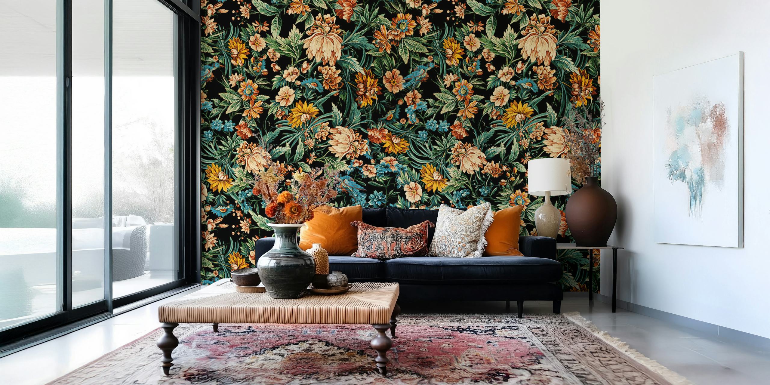Floral and birds pattern wallpaper in a room