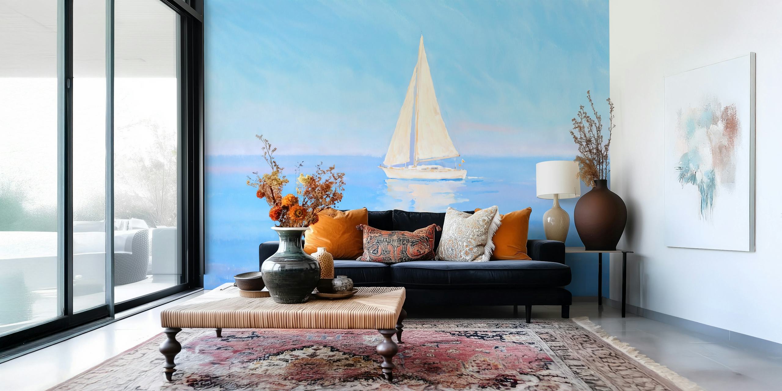 Sailing boat on calm blue water with soft clouds wallpaper