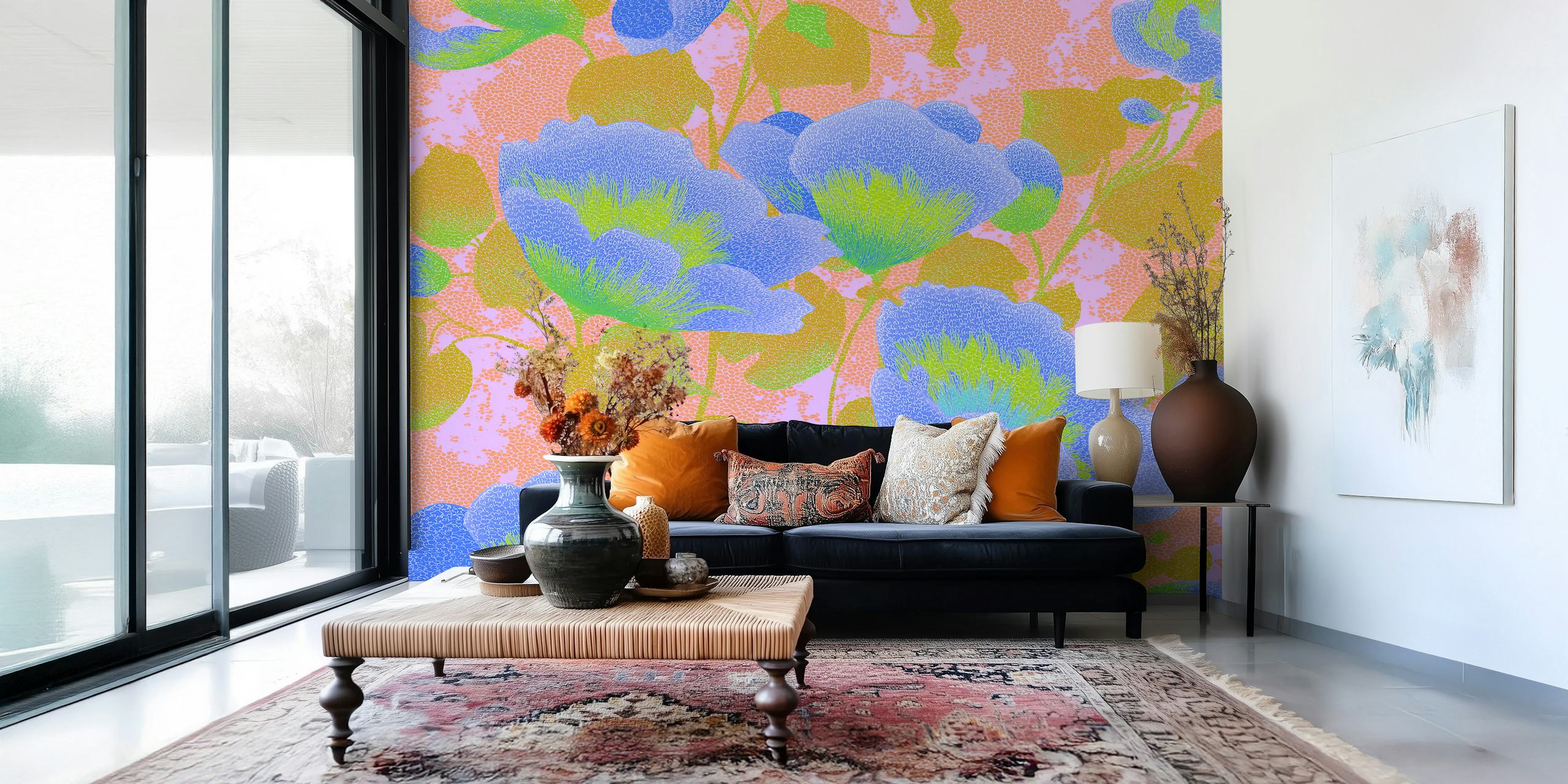 Large blue blossoms and green leaves on a pink background wallpaper