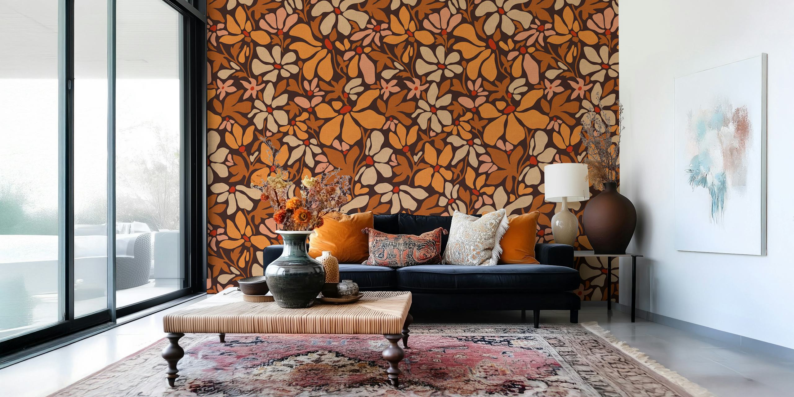 Retro floral garden pattern in dark orange and brown wallpaper