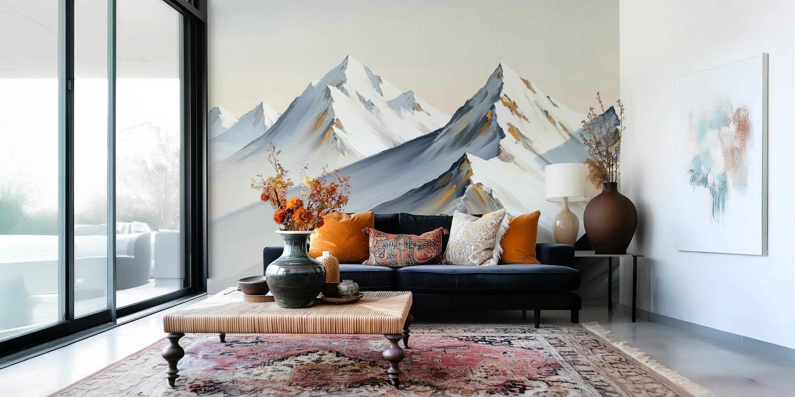 Mountain landscape in soft whites and grays wallpaper