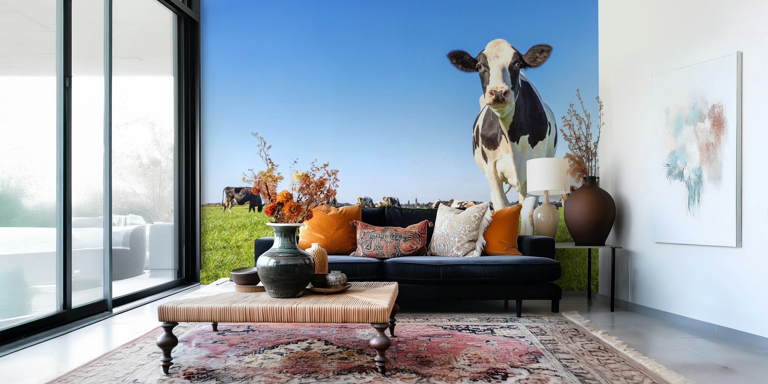 Friesian cow in a green meadow wallpaper