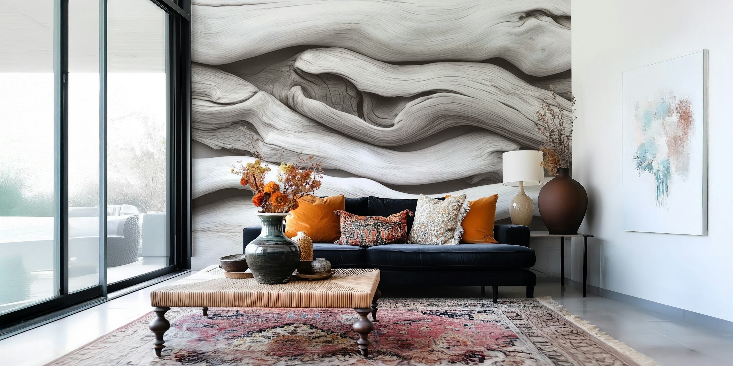 Whitewashed wood texture wallpaper in a room