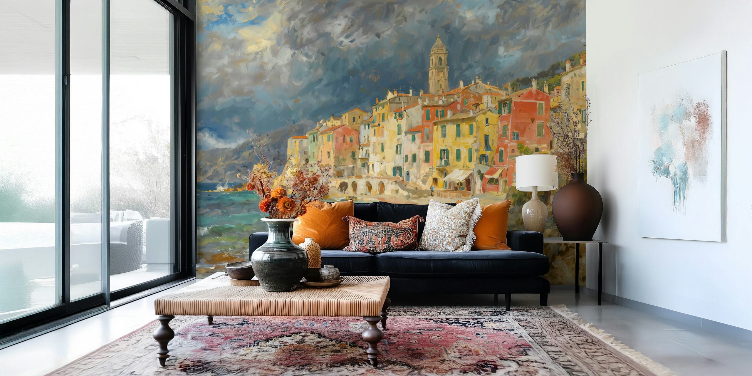 Cinque Terre Village Painting papier peint dans une pièce