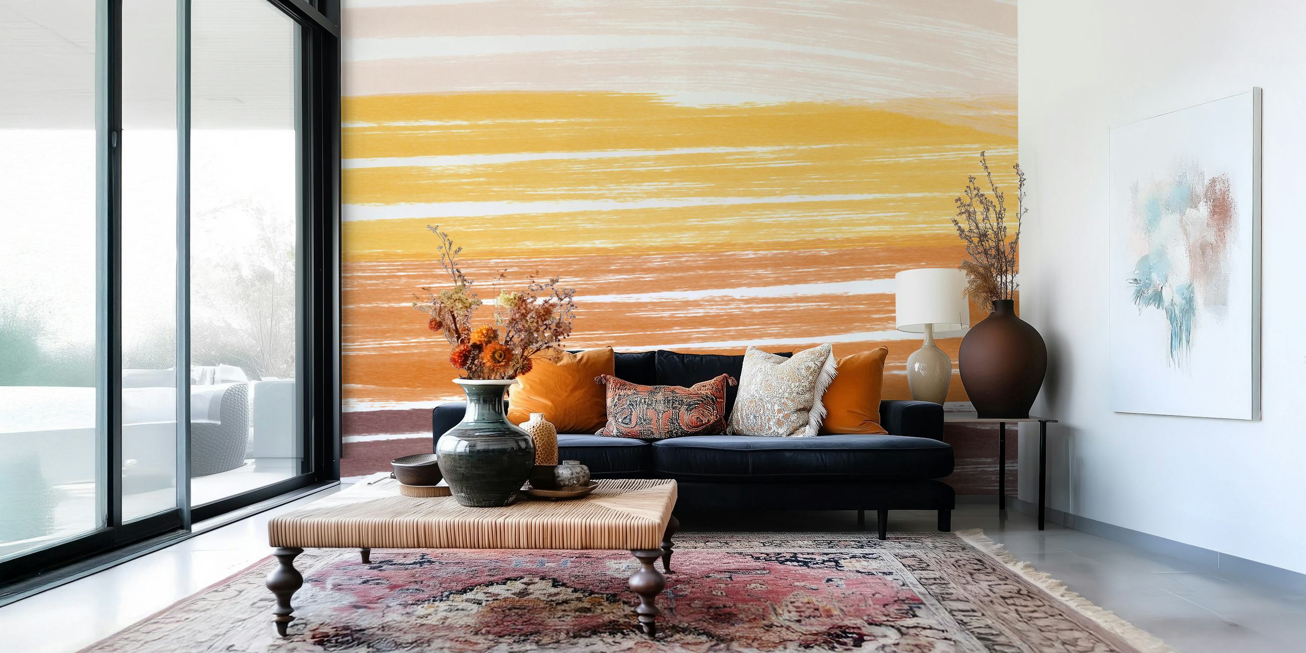 Abstract brush stroke wallpaper in warm yellow, brown, and white tones