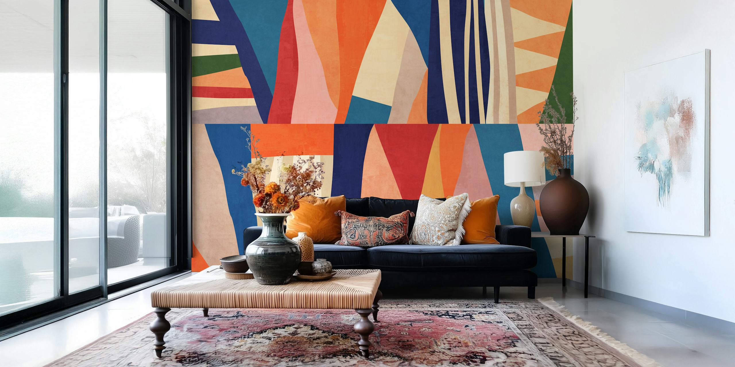 Colorful abstract shapes in red, blue, yellow, and green wallpaper